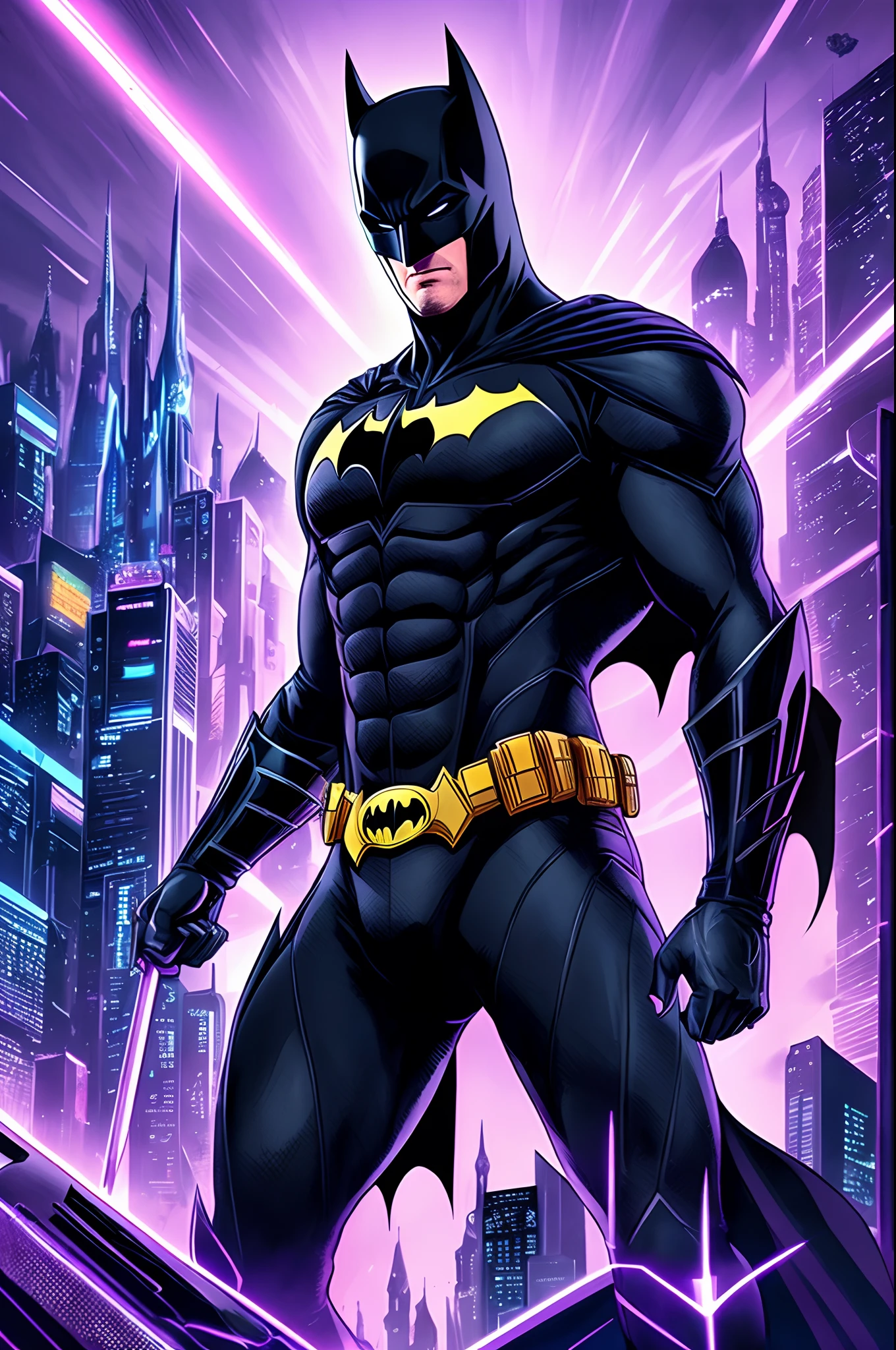 Batman of the future with gothic and technological aspects with futuristic city in neon background --auto