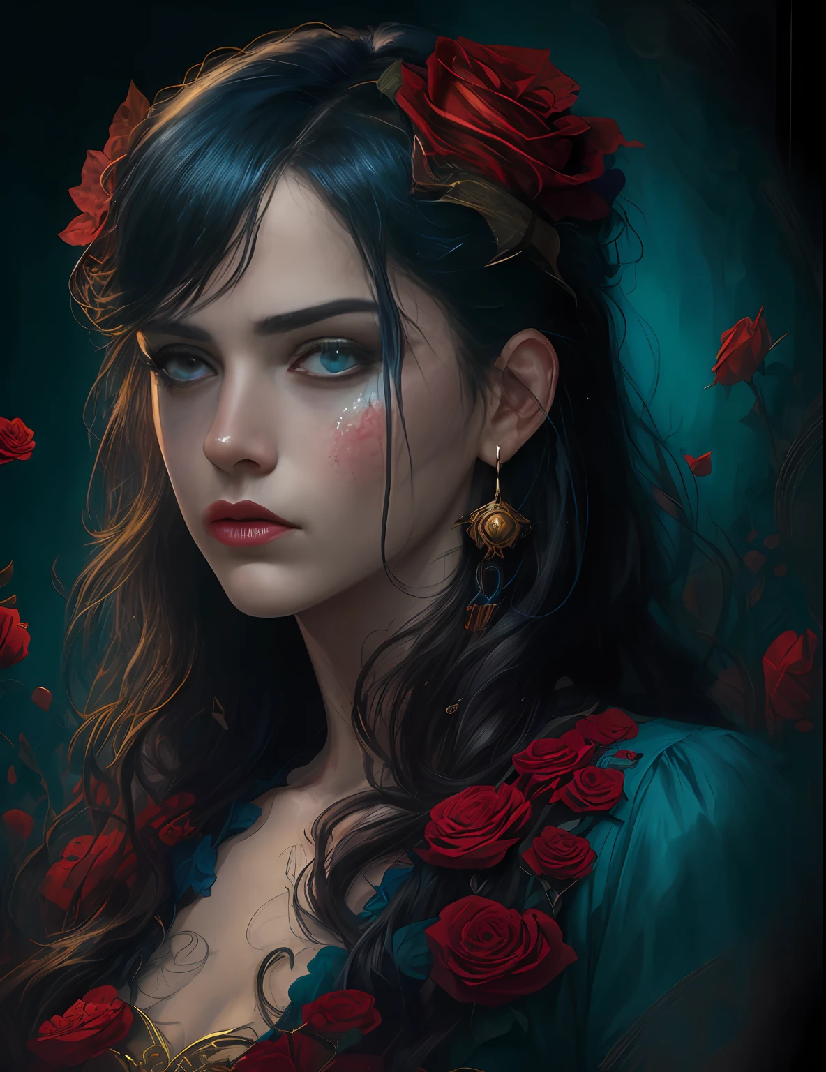 portrait design by Mark Brooks and Brad Kunkle detailed face highly stylized realistic cinematic lighting dramatic shadows fine details 4k 8K sharp focus high resolution octane render render render photorealism trend in ArtStation GTA covered with textured flowers in the background beautiful colors blue black red rose teal teal bright gold bright contrast contrast fantasy beepley style illustrations