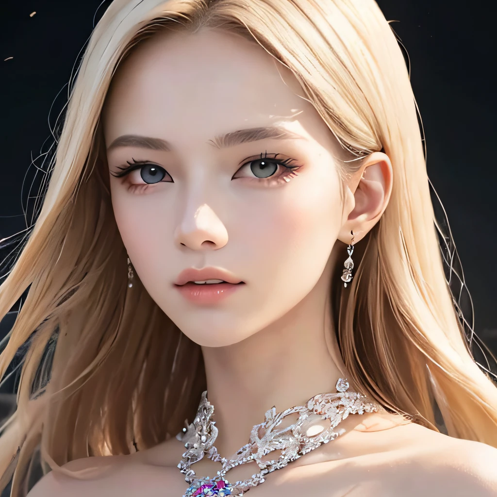 (8K, RAW Photos, of the highest quality, Masterpieces: 1.2), (Realistic, Photorealistic: 1.37), Highest Quality, Ultra High Resolution, light  leaks, Dynamic lighting, Slim and smooth skin, (Full body:1.3), (Soft Saturation: 1.6), (Fair skin: 1.2), (Glossy skin: 1.1), Oiled skin, 22 years old, Night, shiny white blonde, Well-formed, Hair fluttering in the wind, Close-up shot of face only, Physically Based Rendering, From multiple angles, Bvlgari dresses