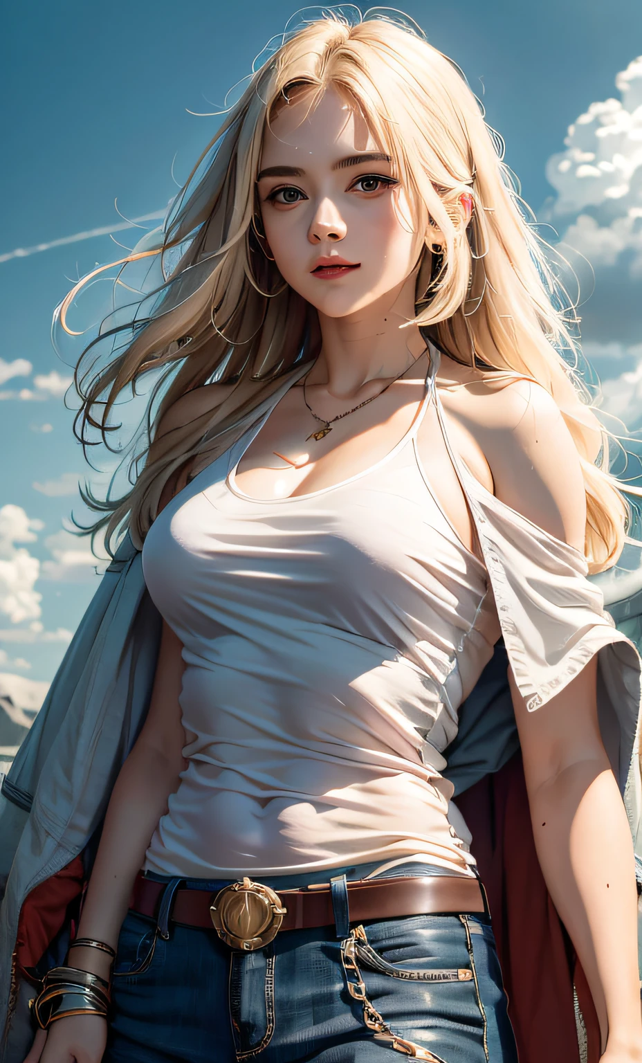 hair glowing,metahuman,levitating,Cloud,Long hair with a blonde shawl,