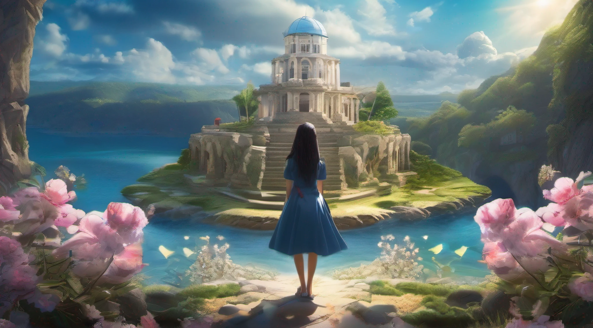 ccurate, best quality, masterpiece, UHD, high details, award winning, (Amazing:1.1), (Surrealism), Conceptual art, Verism, cinematic lighting, panorama, A floating island in the sky, ruins, shallow sea, Horizon, ((beautiful Blue sea)), blue sky, paradise scenery, flowers, wind flow, (((fantasy))), frontier, (magnificent space), blurry foreground, bokeh, Hasselblad, lens flare, beautiful high school girl, (17 yr old), ((((full body)))), from behind, bocks open, without looking at me, (((wearing school uniform))), black eyes, black hair, (floating hair), ((8 life size)), detailed hairstyles, detailed bodyline, anatomically correct,