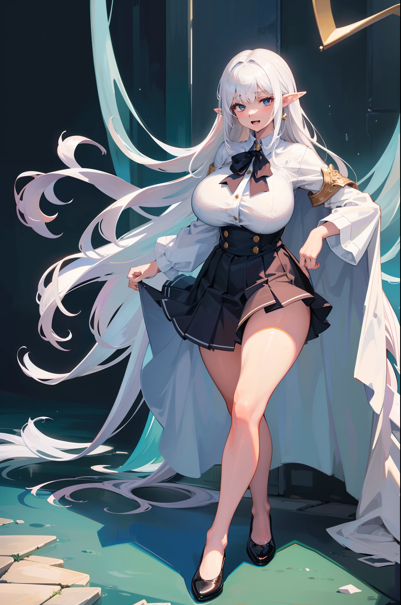 masterpiece, best quality, finely detailed, high resolution, extremely delicate and beautiful, 1girl, huge breasts, thickthighs, white hair, long hair, hair behind ear, school uniform, full body, elf, :d, skirt