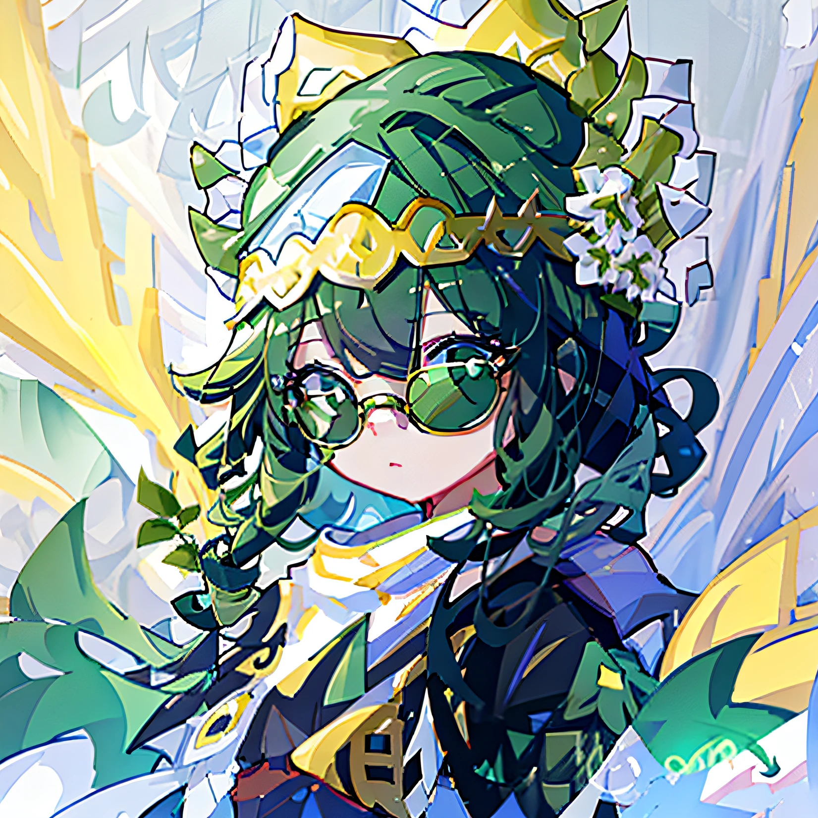 Little girl with curly hair shawl，Wear sunglasses，With a green headband，like a doll，Girl avatar。