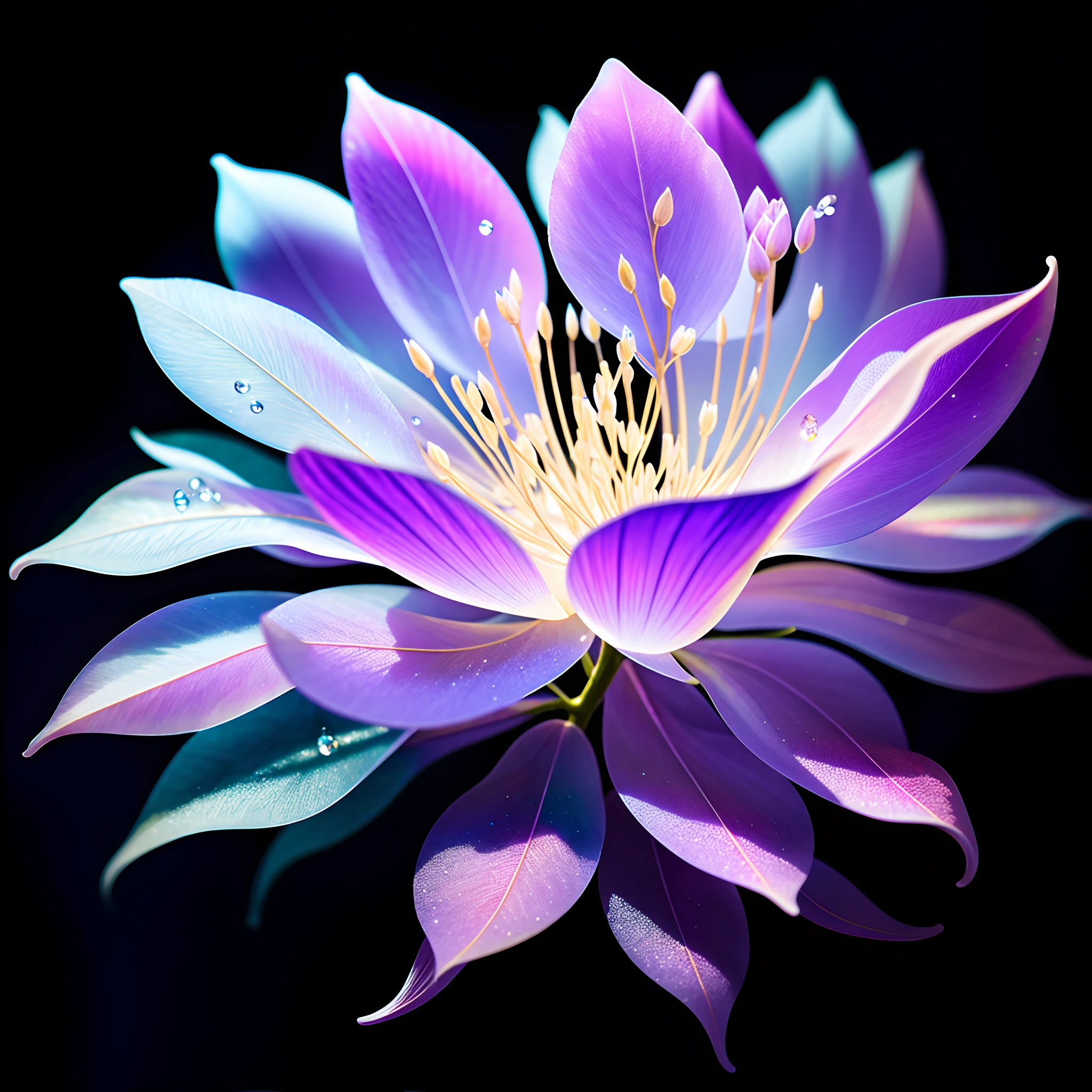 branch of delicate lilac flowers, super transparent, holy light, beautiful spectral light, petals glow, flashing, dark background, drops of transparent light, reflective light, bright, light streaming in, optics, portrait profile, sharp focus, magical, intricate, ultra realistic, fantasy, composition, light, trend on artstation, pearl, patronus cloud of silvery vapor, corrosive enveloping ray family, 8k, ureal ar 23v4 uplight