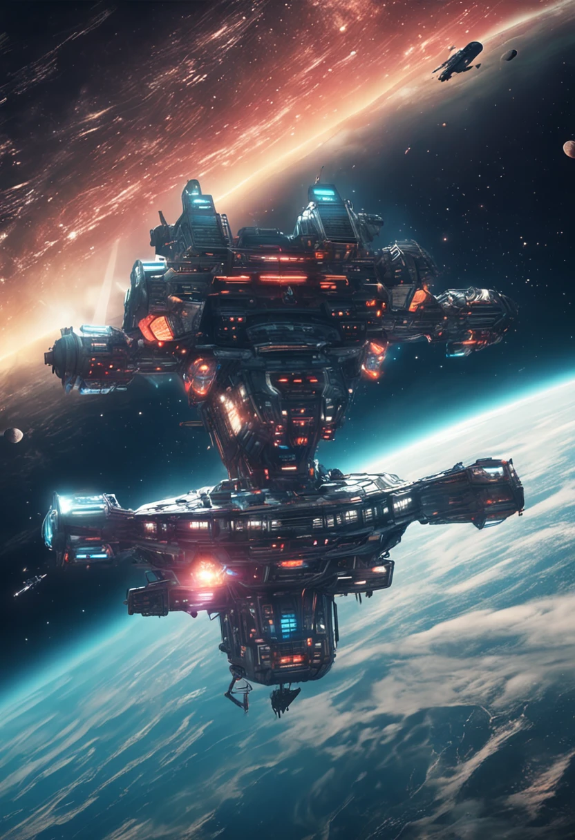 (space art),(high angle view:1.2), in space, A Large aircraft carriers , Below the spaceship is space,Cyberpunk, Dreamy Glow, Luminous neon lamp,