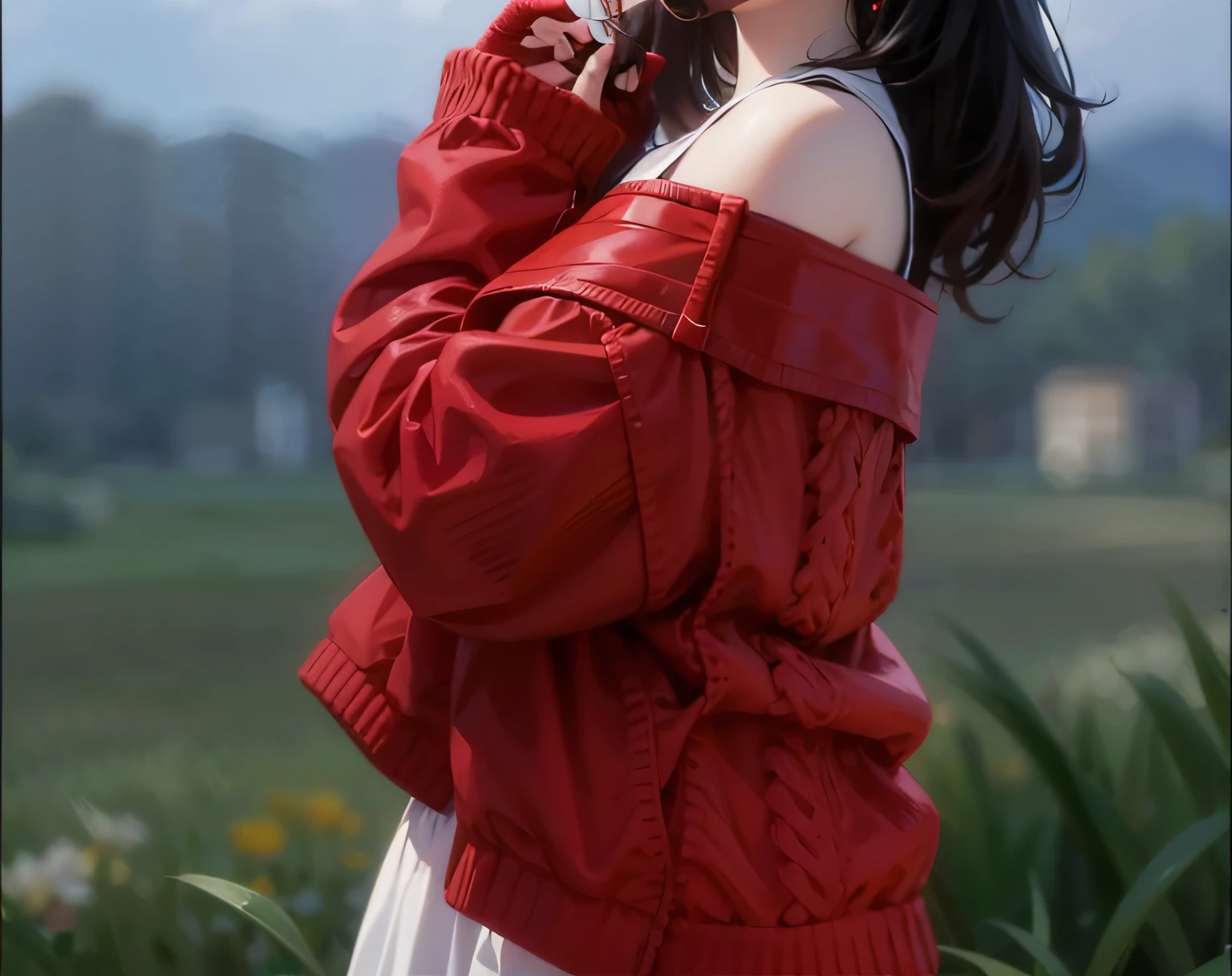 Arad woman in red sweater calling in the field, Red clothes, wearing red clothes, Red jacket, some red, wearing red, Red, wearing a scarlet hoodie, wearing red attire, pale red, cool red jacket, Bright red, red tint, red colour, dominating red color, Sweater, rich red, Red tones, red colour