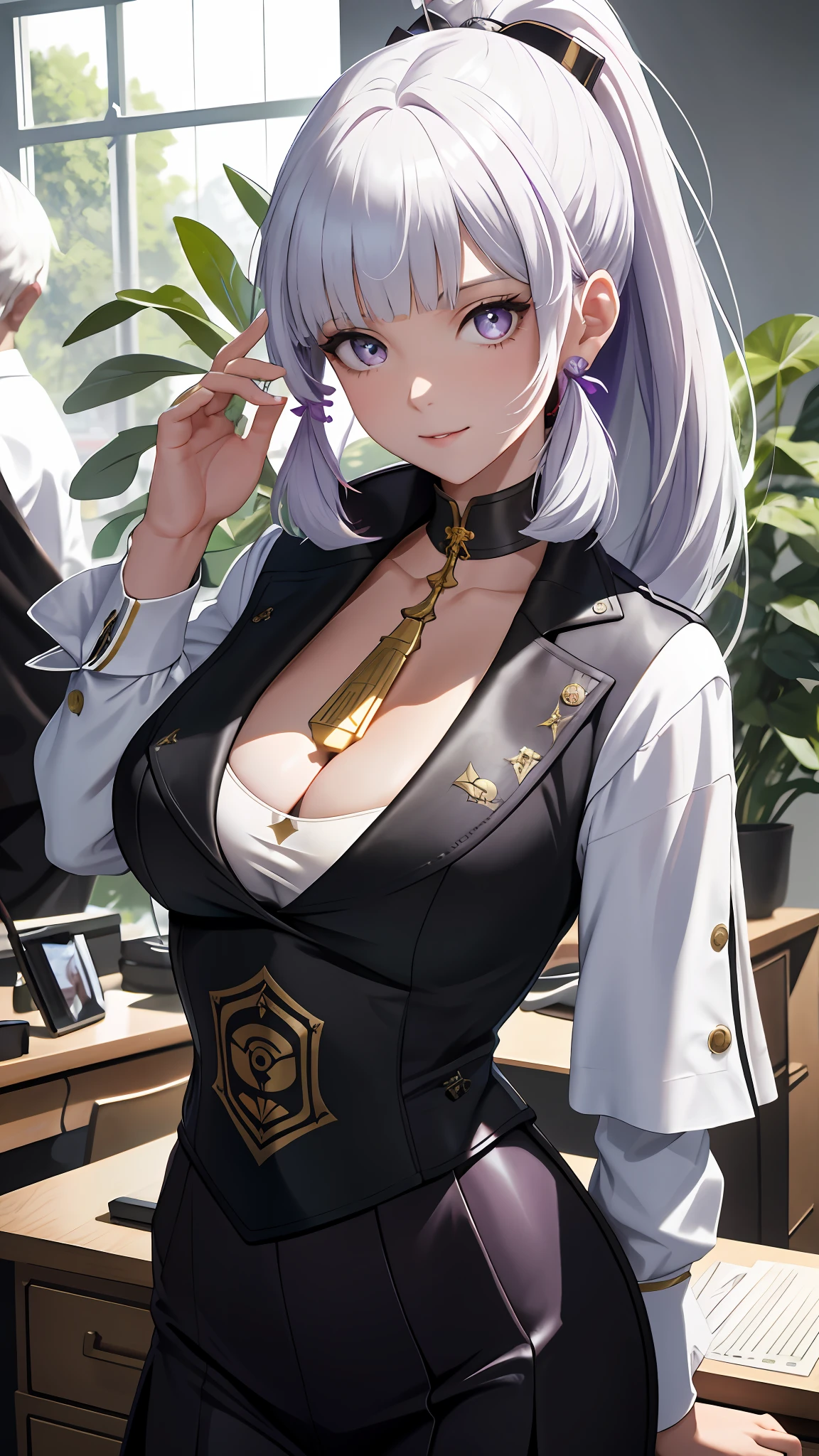 tmasterpiece，best qualtiy，white color hair，Purple eye，sportrait，realisticlying，The shirt，Suits，Workwear，office room，Greenery，Sideslit，Wallpapers，painting of a，Large breasts，cleavage，ssmile，looks into camera，Blackn clothes。