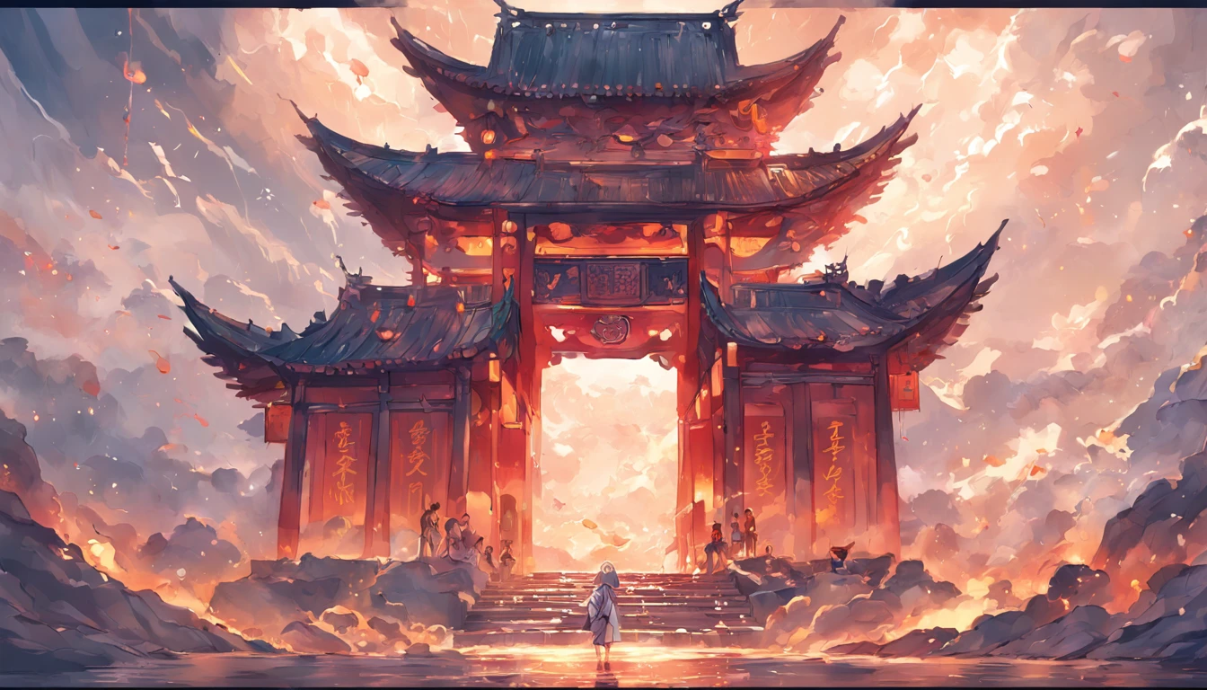 （tmasterpiece、best qualtiy：1.4），Grandiose scene，The ancient Chinese South Heavenly Gate is located above the clouds（Majestic），surrounded by cloud，glazed tiles，gold light，gorgeous color，Clouds，Gong Que，Beautiful graphics，high detal，超高分辨率，k hd，Clean cut