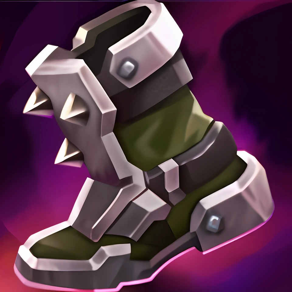 A close-up of a pair of boots，There are nails on it, heavy boots, battle shoes, heavy-duty boots, massive boots, skin spikes, killer boots, spike shell, item art, robot dragon feet, league of legends inventory item, modular item, greaves, Avatar image, legendary item, role-playing game items, stylized material bssrdf, spiky skin