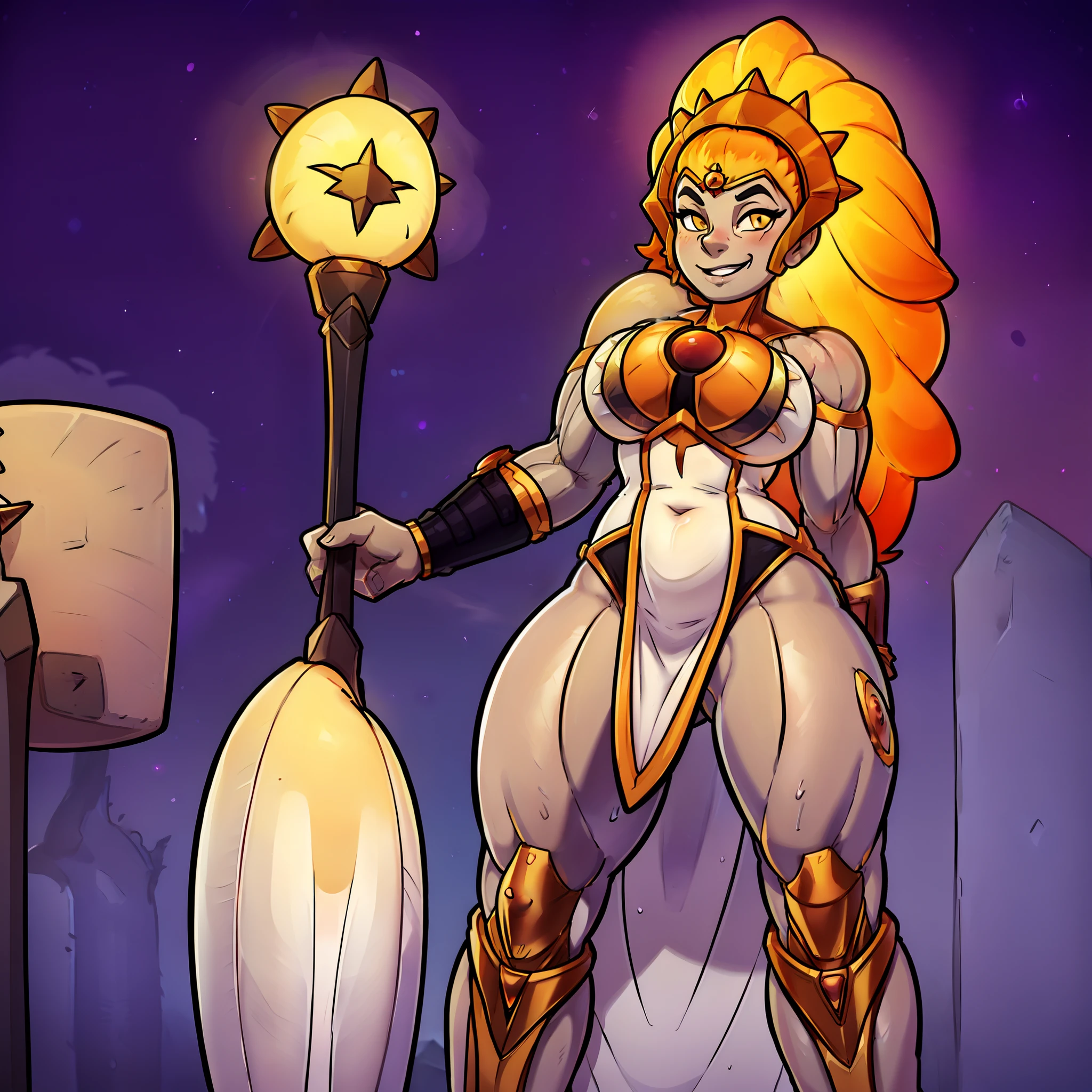 dawnbreakerdota, 1girl, glowing hair, yellow eyes, glowing eyes, blonde hair, colored skin, grey skin, armor, breastplate, long hair, breasts, dress, long hair, no panties, pelvic curtain, solo, thick thighs, muscular, wide hips, smile, solar temple, perfect anatomy, anime style, cowboy shot