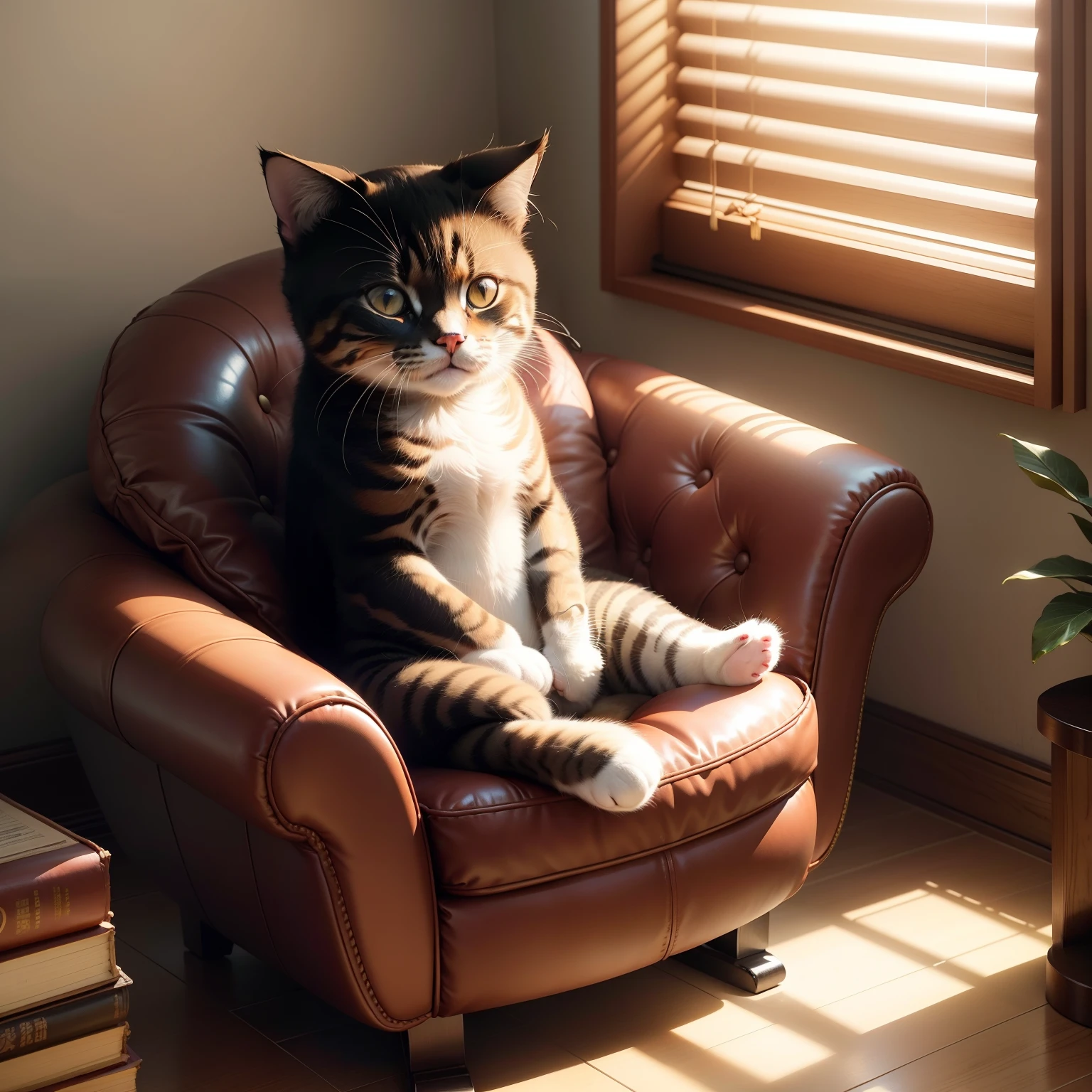 a cute little cat、Round form、Sitting in a leather chair with a cigar。Light is shining through the blinds