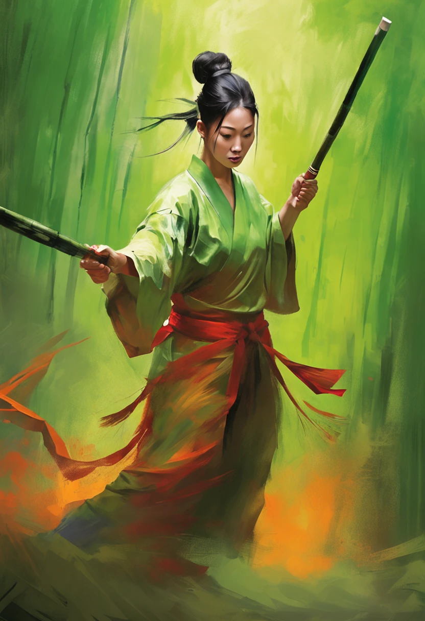 1 girl, kung fu, green bamboo forest, surrounded by rain, illustration style, motion blur, long exposure fullbody, exquisite facial features, Chinese styleink style, martial arts style, selective focus, panorama, (Bokeh:1.5)