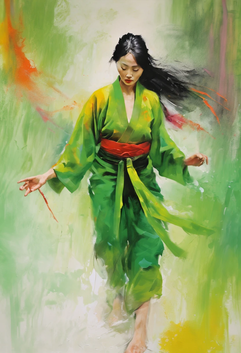 1 girl, kung fu, green bamboo forest, surrounded by rain, illustration style, motion blur, long exposure fullbody, exquisite facial features, Chinese styleink style, martial arts style, selective focus, panorama, (Bokeh:1.5)