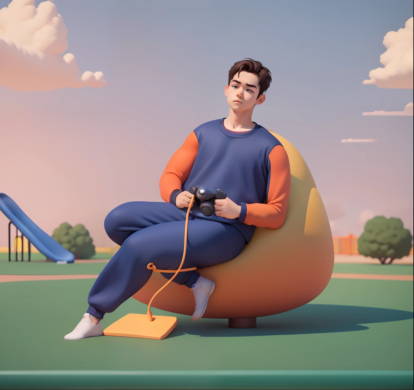 (Pixar 1.23 style) 1 boy ((upper body front, bust shot)), solo, cute kid, brunette, pretty tracksuit, boy, korean child, playground, ((masterpiece, highest quality)), (composite lighting)