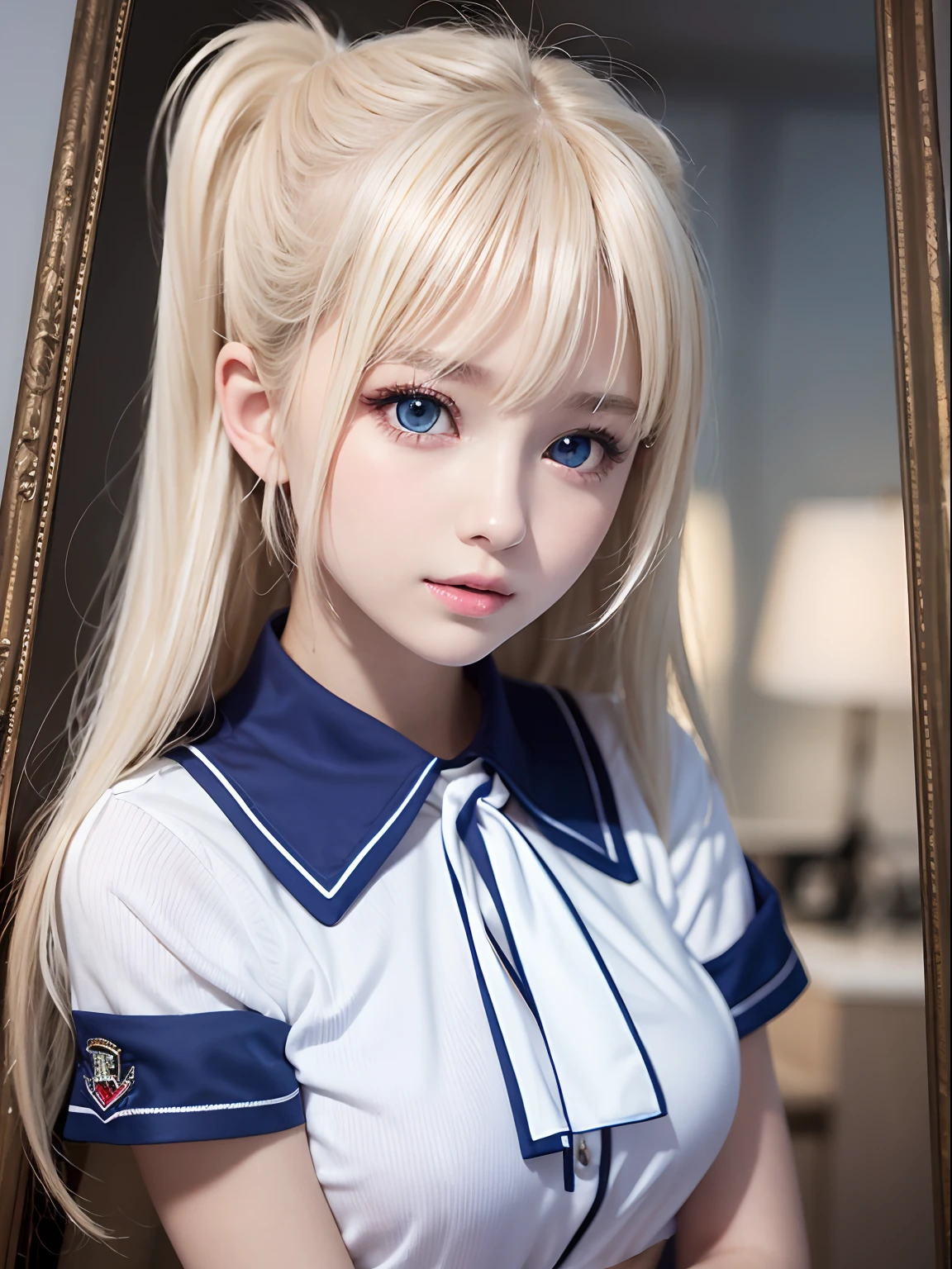 portlate、School Uniforms、bright expression、poneyTail、Young shiny shiny white shiny skin、Best Looks、Blonde reflected light、Platinum blonde hair with dazzling highlights、shiny light hair,、Super long silky straight hair、Beautiful bangs that shine、Glowing crystal clear attractive big blue eyes、Very beautiful nice cute 16 year old girl、Lush bust