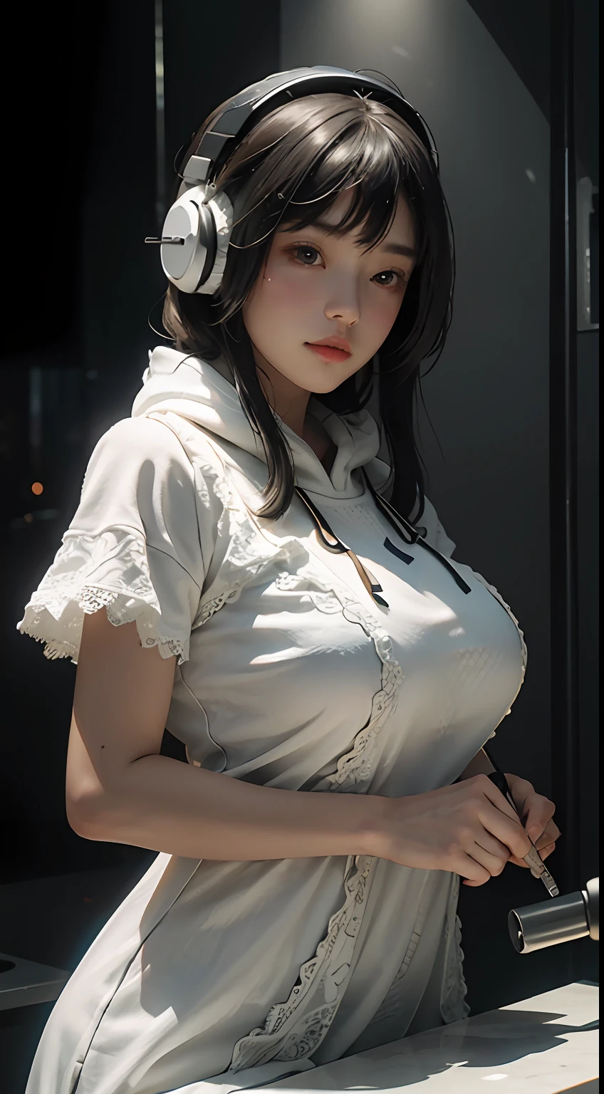 Highest image quality,Outstanding details,超高分辨率,(Fidelity:1.4),The best illustration,Favor the details,Highly cohesive 1girl,He has a delicate and beautiful face,Wear a multi-colored sports hood,huge breasts1.1,with headphones on,Ride a metal motorcycle,1girll,white long lace dress,The background is a high-tech lighting scene in the future city。