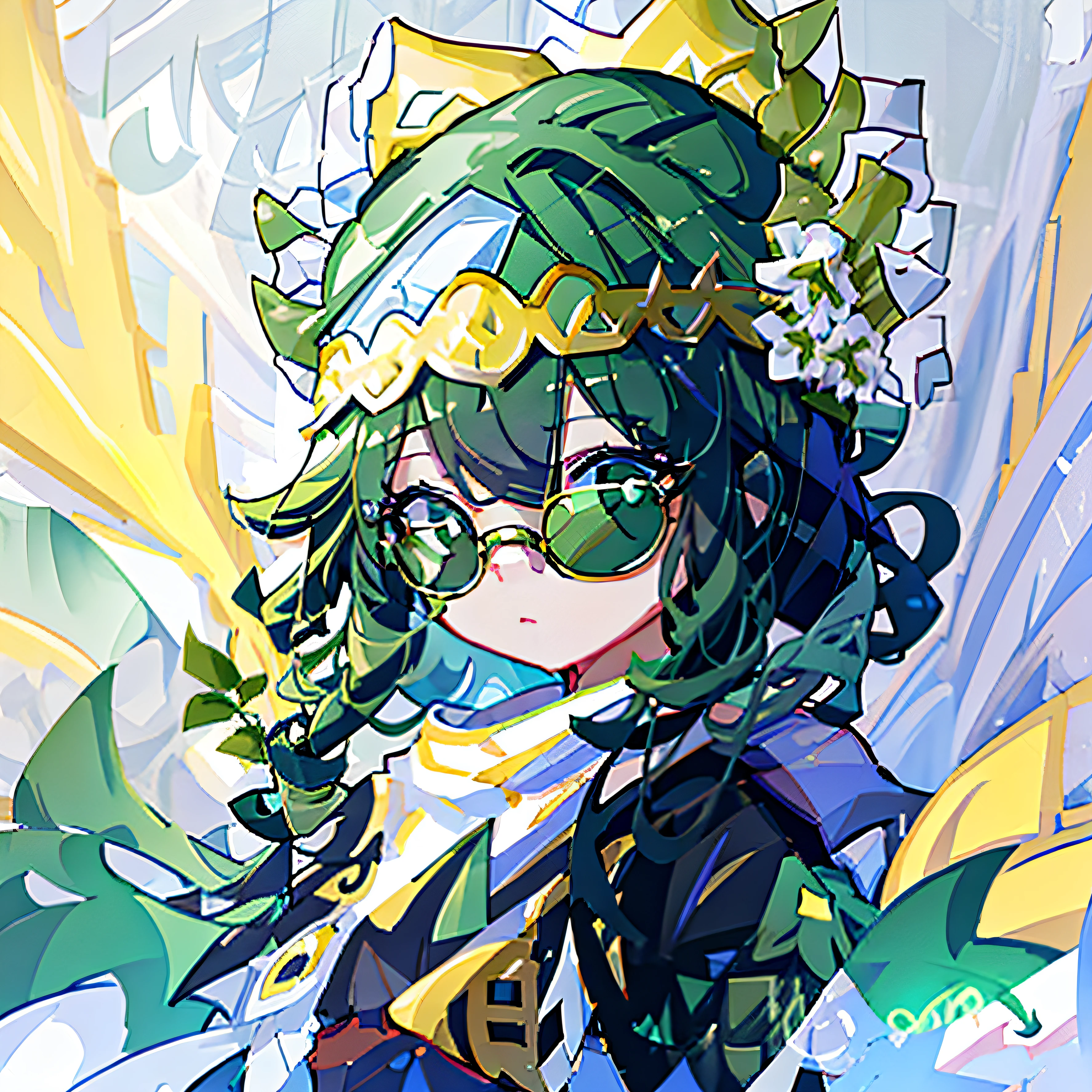  with curly hair shawl，Wear sunglasses，With a green headband，like a doll，Girl avatar。