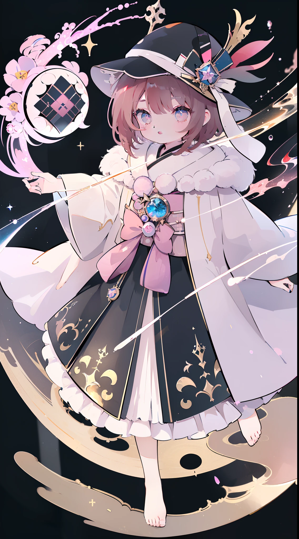 1 chibi, (Wizard robes and hats)、(top-quality、in 8K、masterpiece:1.3)、 Highly detailed facial and skin texture、{Very delicate pink fishing eyes}、二重まぶた、de pele branca、(with round face:1.5)、{A dark-haired、Medium Hair}、Standing picture、A big smile、