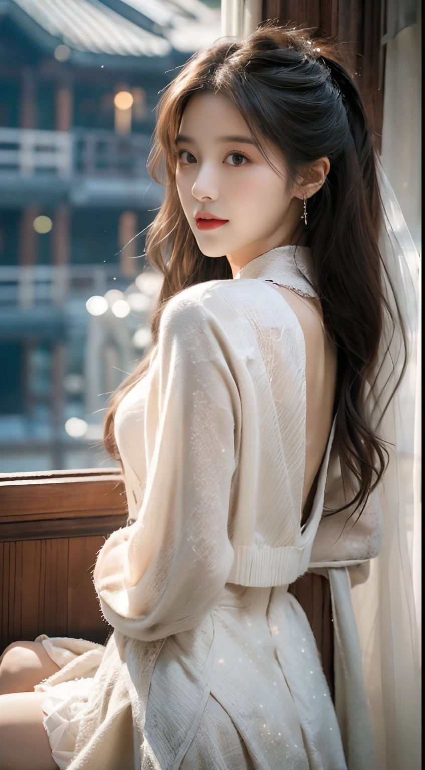 ((best qualtiy,tmasterpiece,超A high resolution)),(realisticlying:1.4),(Korean star poster-like),1girll,From head to knee,Dynamic posture,adult face,Slim,(ssmile),joy,reflective eyes,(shiny skins),(contours,frontage,),whaite hair,long whitr hair,黑The eye,Top fashion,((White plush coat)),(Gorgeous Lolita costume),(short skirt),(Heavy snow:1.5,snow cover,Simple Gup Street),(Clear eyes),(Clear nose),(Clear lips),(Fair skin),(Ultra-realistic textile textures),hyper HD, tmasterpiece, high high quality, high detal, best qualtiy, k hd, 16k, 8k, 4K, Award-Awarded, BREAk, ultra-realistic realism, hentail realism, depth of fields, cinmatic lighting, The light from the back window is backlighted, 对称, bokeh, f / 1.8, Eye level shots, 35mm, hasselblatt, an extremely delicate and beautiful, The is very detailed, astounding, finedetail, tmasterpiece, Best quality at best, offcial art, absurderes, Incredibly Ridiculous res, hugefilesize, ultra - detailed, A high resolution, The is very detailed,