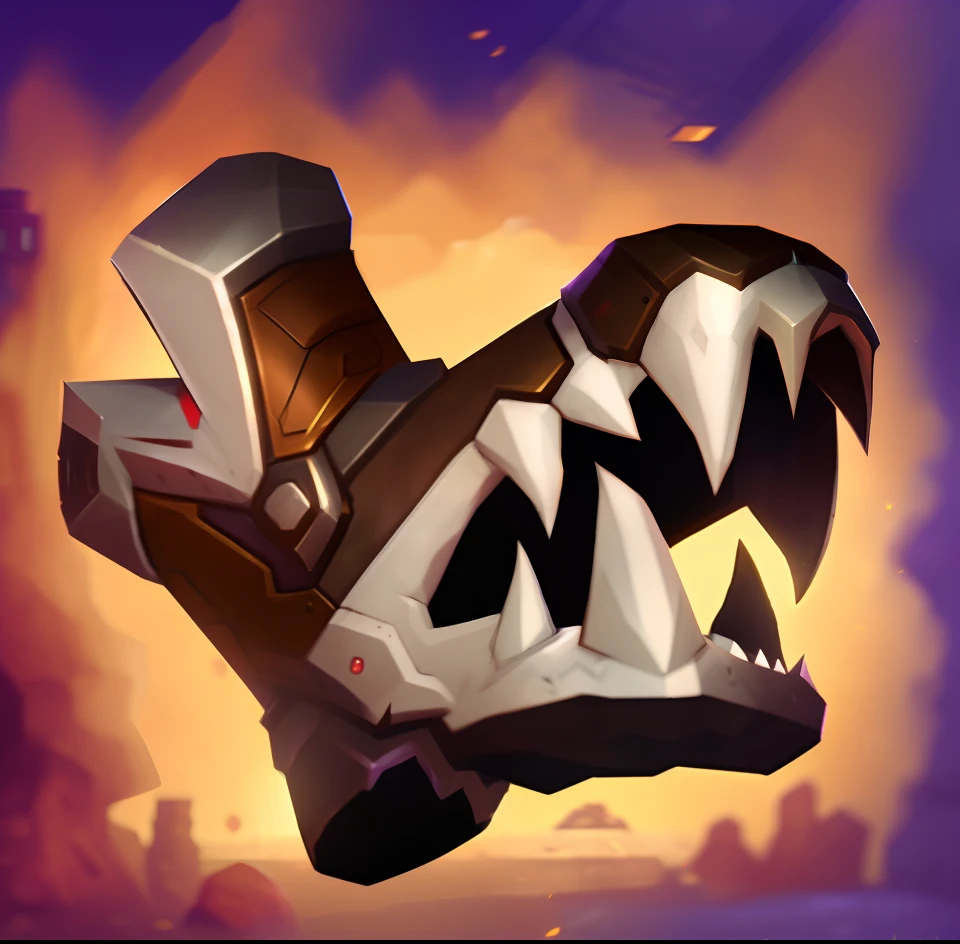 There is a picture of a cartoon monster mask with a big mouth, chunky gauntlets, dragon maw, doomfist, iron claws, league of legends inventory item, arcane jayce, Dragon claws, Thertrevkaiser, item art, leblanc, kda, mitts, 6 claws, Splash Art, legendary item, war theme gauntlet, taliyah