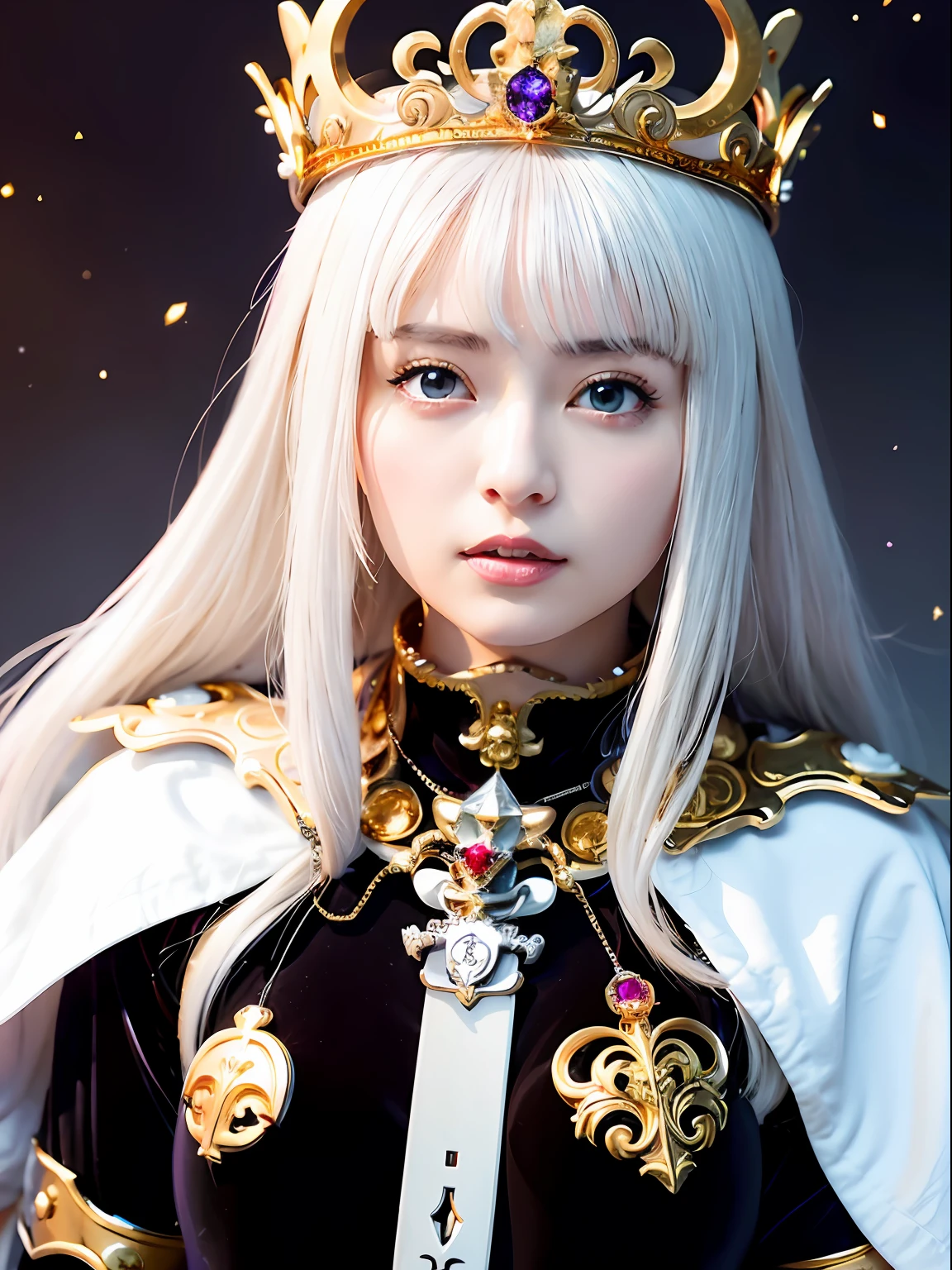 (masutepiece), Professional , masterpiece、top-quality、photos realistic , depth of fields (Gemstone Silver Metal Body:1.9),(Matte White、Jewel Gold Weapon(Jewel Metal Body:1.4),Gorgeous metal weapons ,(Swarm of goblins)、 Detailed Sword of the Brave , Beautiful knife ,warhammer 40k , adepta sororitas,Detail and ornate jewel crown、Black hair、Gangle's forest background、Beautiful Caucasian beauty、1a person、dynamic ungle,(((Detailed and ornate diamond crown)))、Smaller head、A smile、Take a sexy pose、Thin and beautiful female hands、cyanide light particles、Mystical expression、