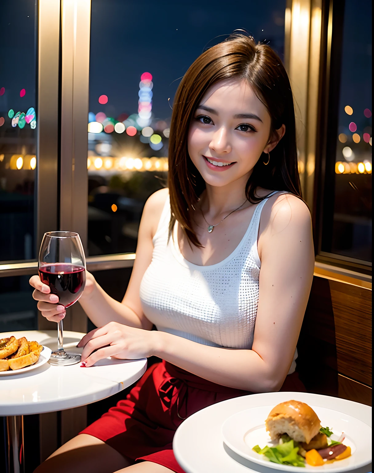 (64K, UHD, top quality, masterpiece: 1.2), (realistic, photorealistic: 1.37), super detailed, pretty woman 1 person, (slim face), (slim body), (brown hair), (short cut), cheeks slightly blushing, (44 years old), 38 years old, solo, beautiful detailed urban night view outside the window, restaurant, wine glasses sit, at night, in a prominent placeNovaFrogStyle, Actress, Model, Waist Up, White Wine, Slim, Wine Glass, Super Clean Night View, Wine Glass Put in the Middle, Happy Smile, (Smile: 1.15), Beautiful Fine Eyes, Upper Body, Bust Japan Up, Night, Short, Short, Actress, Model, Waist Up, White Wine, Slim, Wine Glass, Super Clean Night View, Wine Glass Put in the Middle, Happy Smile,
