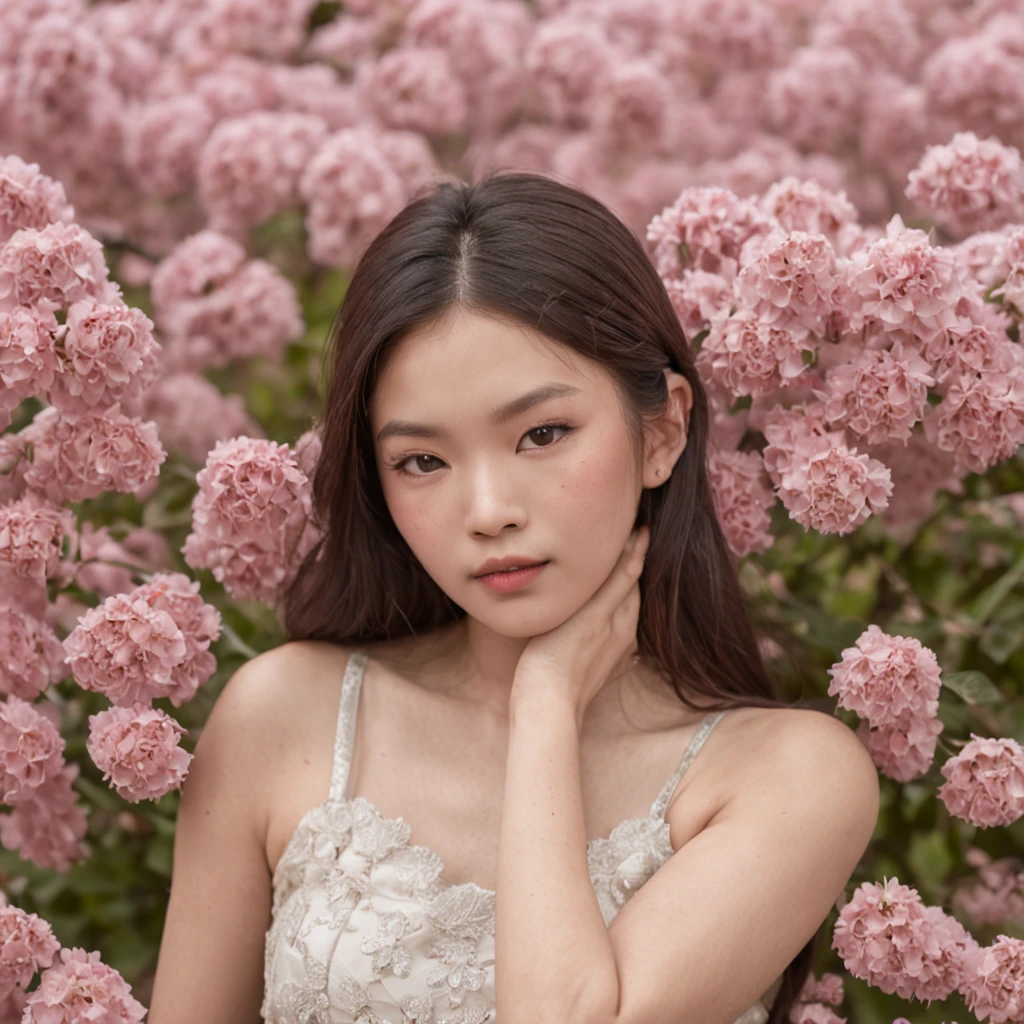 photography of，An Asian girl lies among the flowers