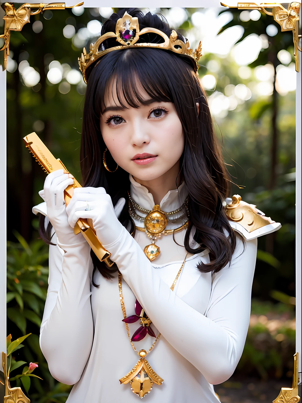 (masutepiece), Professional , masterpiece、top-quality、photos realistic , depth of fields (Gemstone Silver Metal Body:1.9),(Matte White、Jewel Gold Weapon(Jewel Metal Body:1.4),Gorgeous metal weapons ,(Swarm of goblins)、 Detailed Sword of the Brave , Beautiful knife ,warhammer 40k , adepta sororitas,Detail and ornate jewel crown、Black hair、Gangle's forest background、Beautiful Caucasian beauty、1a person、dynamic ungle,(((Detailed and ornate diamond crown)))、Smaller head、A smile、Take a sexy pose、Thin and beautiful female hands、cyanide light particles、Mystical expression、