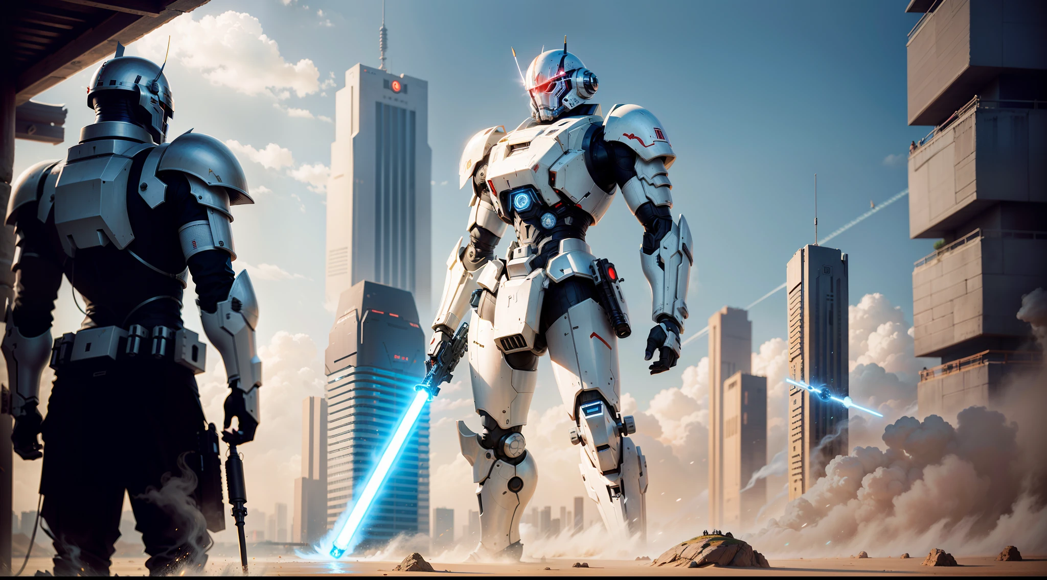 best qualtiy, tmasterpiece, 超高分辨率, (realisticlying:1.5),(Ancient Chinese Armor 1.4), RAW photogr, Located on the coast,A building,,Future tech mecha,Mecha 100 meters high,The mech holds a huge lightsaber in his hand,smooggy,panoramic photo,depth of fields