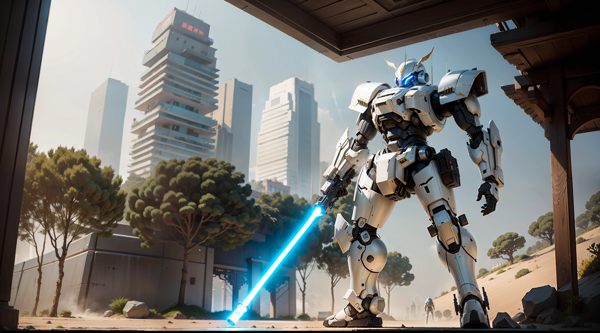 best qualtiy， tmasterpiece， 超高分辨率， （realisticlying：1.5），（Ancient Chinese Armor 1.4）， RAW photogr， Located on the coast，A building，，Future tech mecha，Mecha 100 meters high，The mech holds a huge lightsaber in his hand，smooggy，panoramic photo，depth of fields