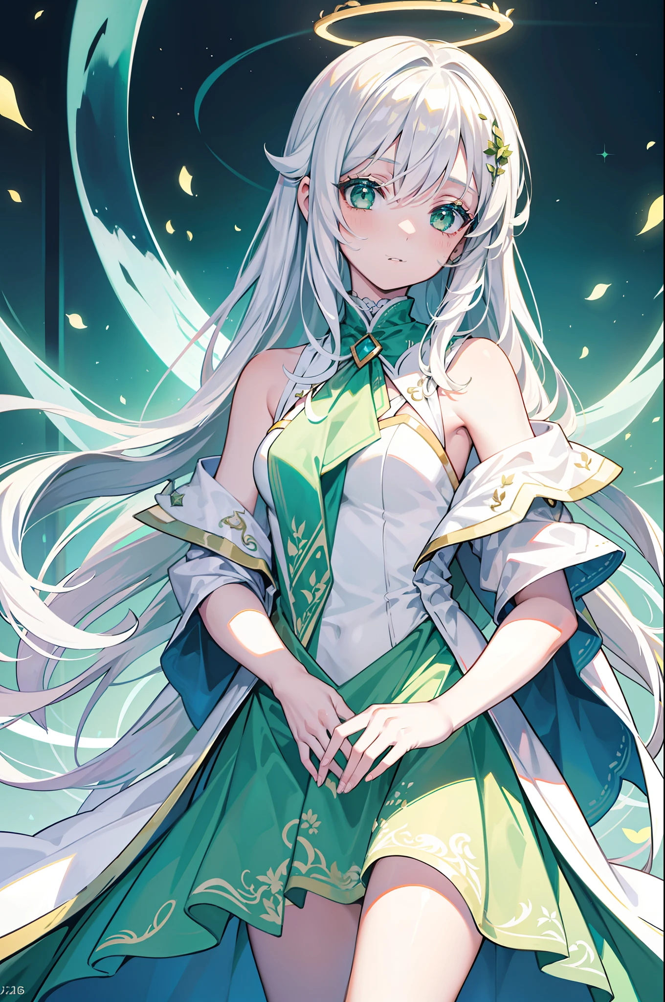 {{Best quality}}, {{Masterpiece}}, {{super ultra detail}}, {{illustration}}, {{Detailed light}}, White hair color, Green eyes, double tails, Loli style, Long hair shawl, There is a halo effect