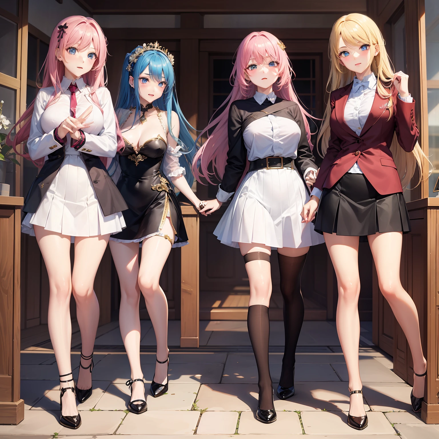 Harem is depicted、Multiple Girls、a beauty girl、top-quality、​masterpiece、超A high resolution、Pink hair、a blond、blue eyess、校服、blazers、