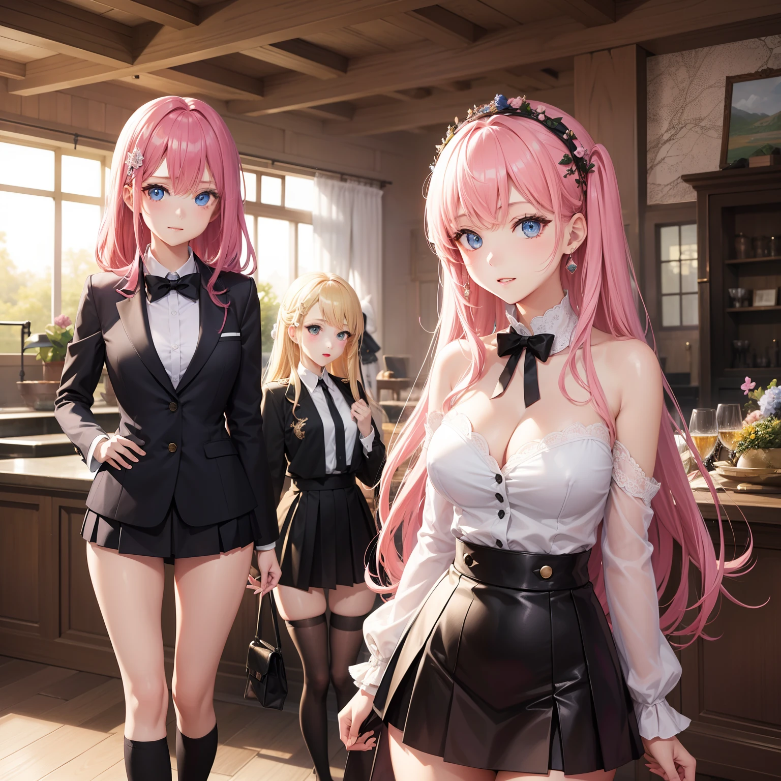 Harem is depicted、Multiple Girls、a beauty girl、top-quality、masterpiece、超A high resolution、Pink hair、a blond、blue eyess、校服、blazers、