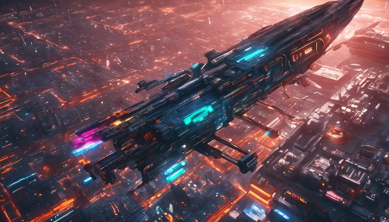 (space art),(high angle view:1.2), in space, A Large aircraft carriers , Below the spaceship is space,Cyberpunk, Dreamy Glow, Luminous neon lamp,