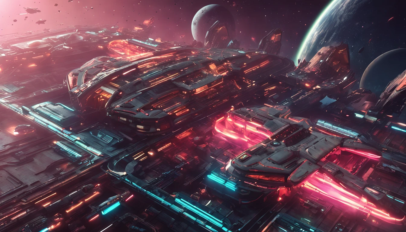 (space art),(high angle view:1.2), in space, A Large aircraft carriers , Below the spaceship is space，Cyberpunk, Dreamy Glow, Luminous neon lamp,