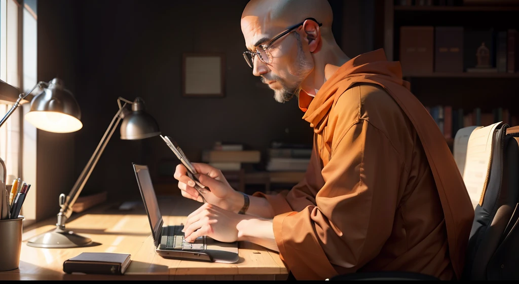 There was a monk sitting at his desk，Holding a computer and a book