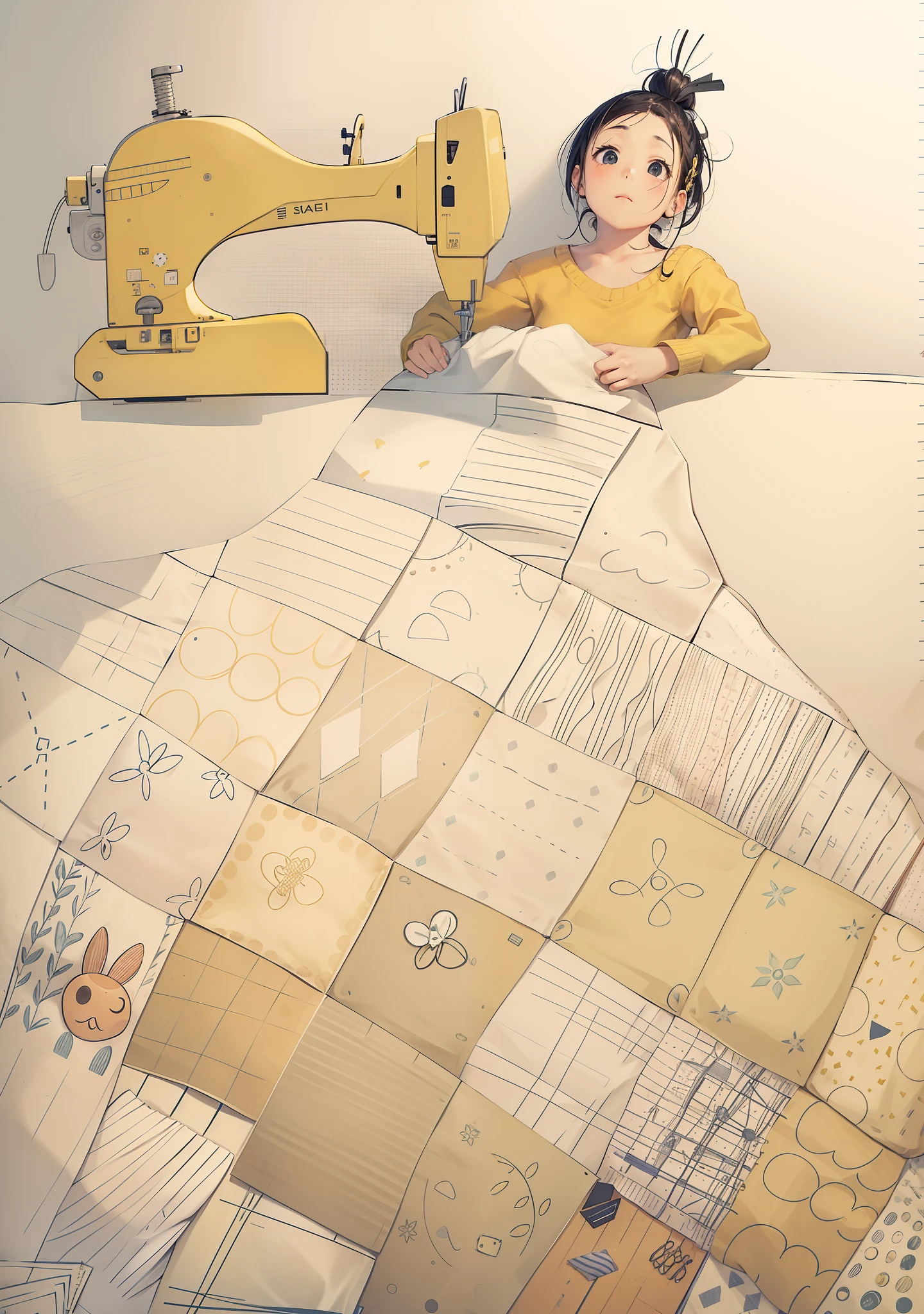 Girl in yellow sweater,Ball head,Sit in front of the sewing machine,White sewing machine,Beautiful fabrics are being made,Each grid on the sheets has a different pattern,Colorful sheets,The sheets fell from the console to the floor,tmasterpiece,depth of fields,k hd,Detailed details,8k
