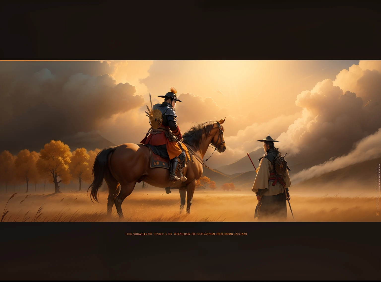 Opening Scene, Ghost of Tsushima, Akira Kurosawa, extreme long distance shot Japanese Samurai rides war horse across open pampas grass fields, dawn, yellow golden leaves, red, orange of autumn, pampas grass, lakes, rivers, billowing clouds over a blustery autumn day, mist dark horizon, areas of clearing, in open fields 24k resolution hyper detail photo realism ink and oil paint in the style of Jason Connell.