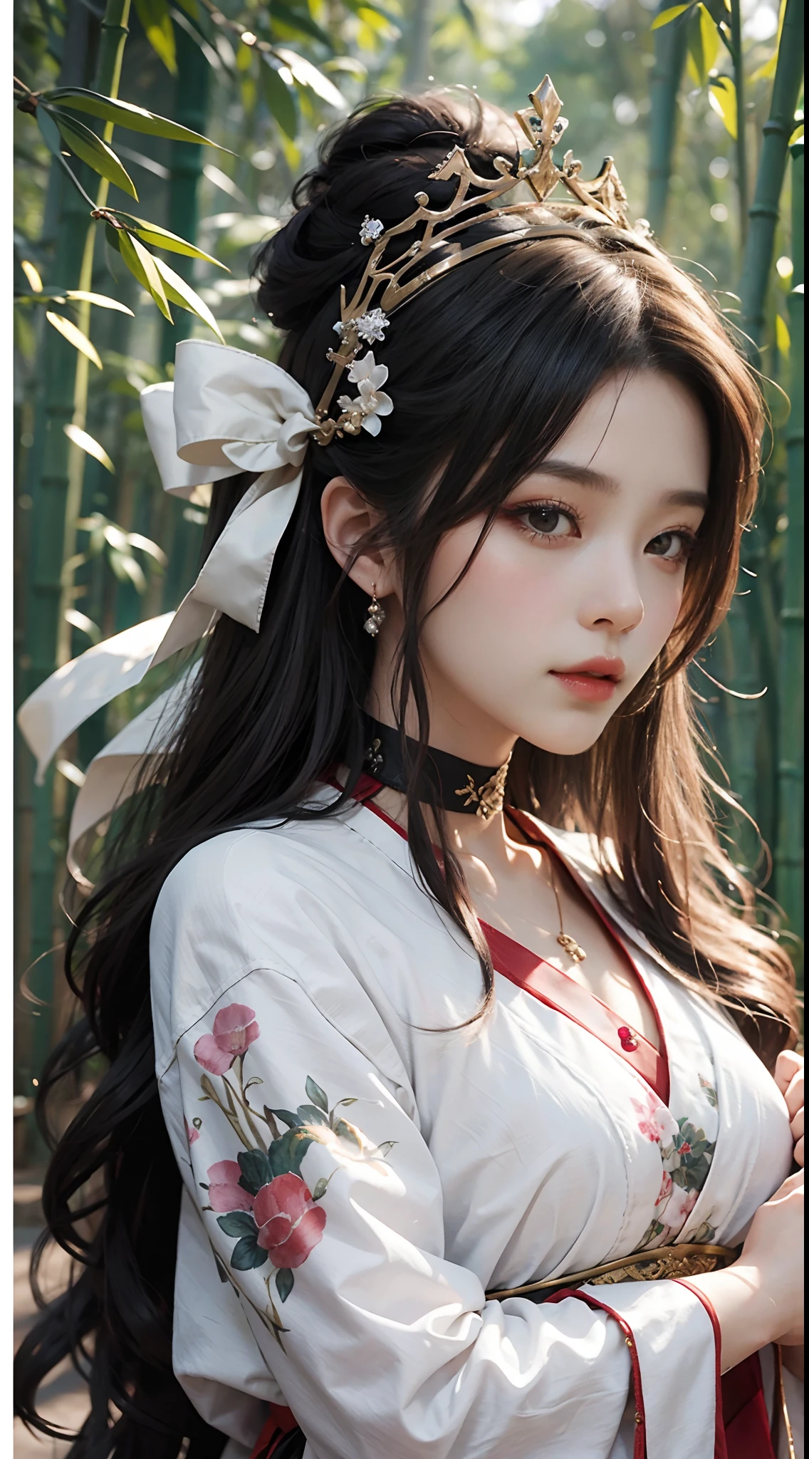 best qualtiy,tmasterpiece,A high resolution,Chinese Hanfu,Traditional Chinese painting,Luxurious tiara,White light gauze hanfu, Xianxia, conservativelydressed,choker necklace,jewelry,beautfully face,full-body portraits,bamboo forrest,4k wallpaper,tmasterpiece,Best quality at best,ultra - detailed,k hd,Unbeatable masterpiece