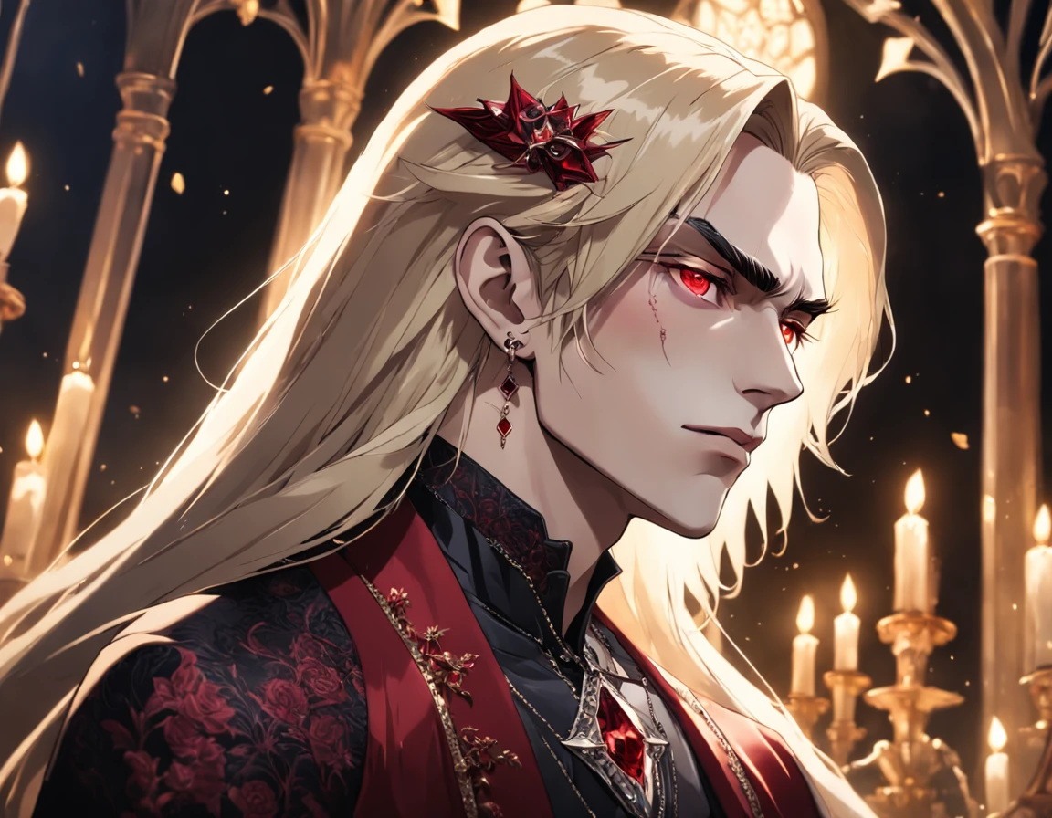 {stunningly gorgeous Male Vampire}, goth Renaissance, long Golden hair, perfect and detailed angular sharp diamond shaped human face, Gold, Ray tracing, full lips, full body, {Light defined eyebrows}, red roses background, perfect anatomy, approaching perfection, dynamic, intricate details, ultra high definition, 8k resolution, glamour, glimmer, ethereal, androgynous, King, {art by Ayami Kojima}, {art by Heise}, artstation, aesthetic, gothic, Lace, concept art, smooth, sharp focus, dreamy, backlit, fantastical, shadows, smooth, illustration