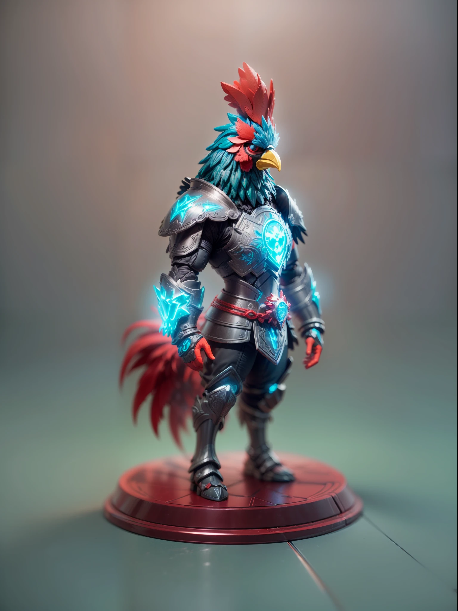 (Blind box toy style:1.3),((Full body shot))(anthropomorphism) , (1 strong rooster metal warrior)(((solo))) metal armor,dreamy glow, Clean dark background,Red cyan style，(circular base）( Global illumination, Ray tracing, hdr, unreal render,reasonable design, high detail, Masterpiece, Best quality, hyper HD, Cinematic lighting)