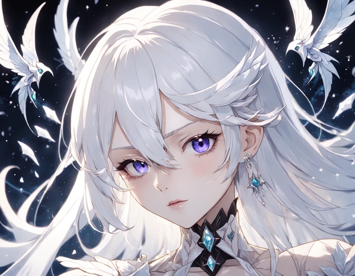 anime, flat vector art, {stunningly gorgeous Male Angel Vampire}, Luminous Studio graphics engine, goth Renaissance, long pure white hair, ethereal slit irises, perfect and detailed angular sharp diamond shaped human face, white, white roses, full lips, {pure white defined eyebrows}, freesia,glimmer, detailed background, sharp focus, white glitter, aquamarine gems, perfect anatomy, extremely detailed illustration, approaching perfection, royaltycore, dynamic, intricate details, ultra-high definition, 32k resolution, glamour, glimmer, ethereal, {art by Ayami Kojima}, {art by Heise}, aesthetic, gothic, Lace, smooth, dreamy, backlit, fantastical, shadows, smooth, illustration
