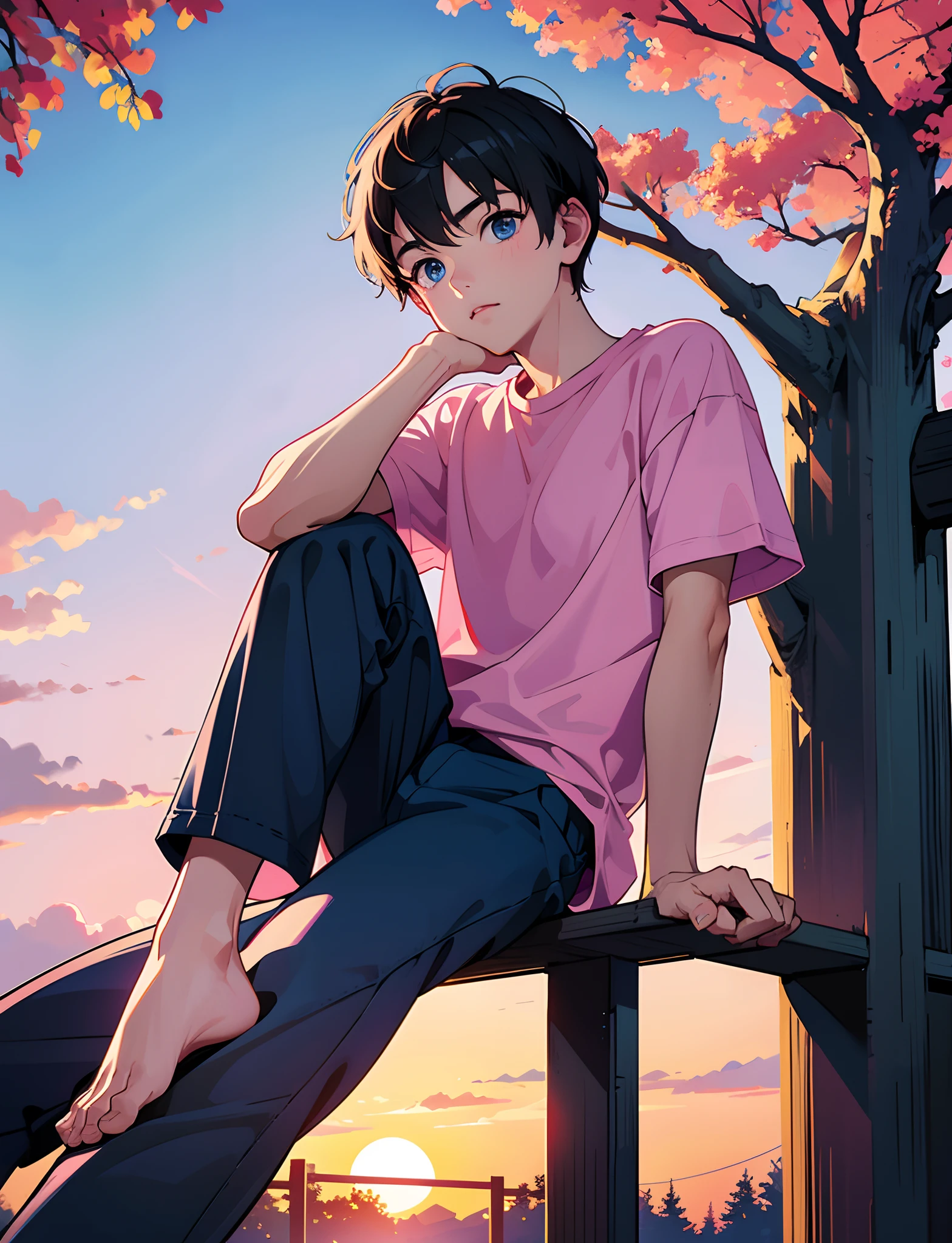 A young boy with,Wearing a pink t-shirt,blue color eyes,sitting in park,Looking at the sky,Big tree in the background,Sunset and sunset,Full body photo with close-up close-up,Ultra-high definition