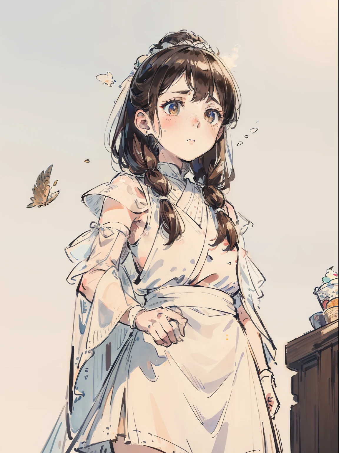 offcial art，close-up all over the body，Extreme picture quality，Hyper-detailing，A beautiful white girl，icecream，Small freckles on the face，Wearing a short white skirt，Shawl，Wear gloves，hair over shoulders，brown  hair，icecream，ethereal and graceful，With a faint sad expression on his face，High in the air，Prominent figure。