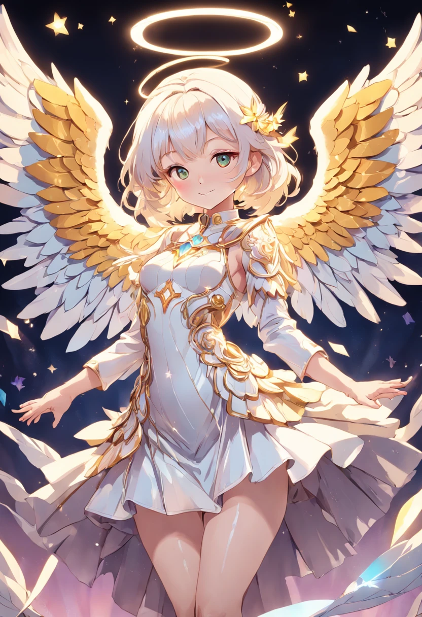 (full-body shot:1.4), White background, (1 angel girl,shining wings, halo, exquisite headdress, smile), (paper art, Quilted paper art, geomerty), extremely colorful