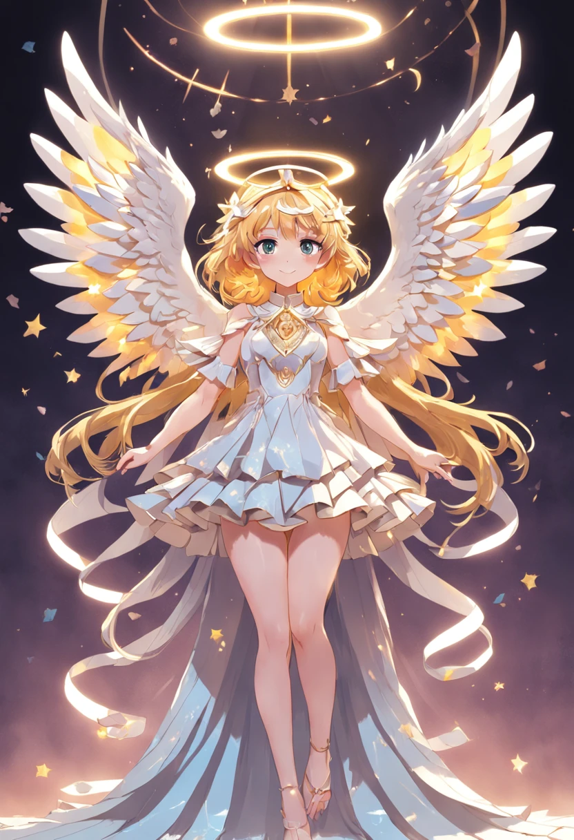 (full-body shot:1.4),  White background, (1 angel girl,shining wings, halo, exquisite headdress, smile), (paper art, Quilted paper art, geomerty), extremely colorful