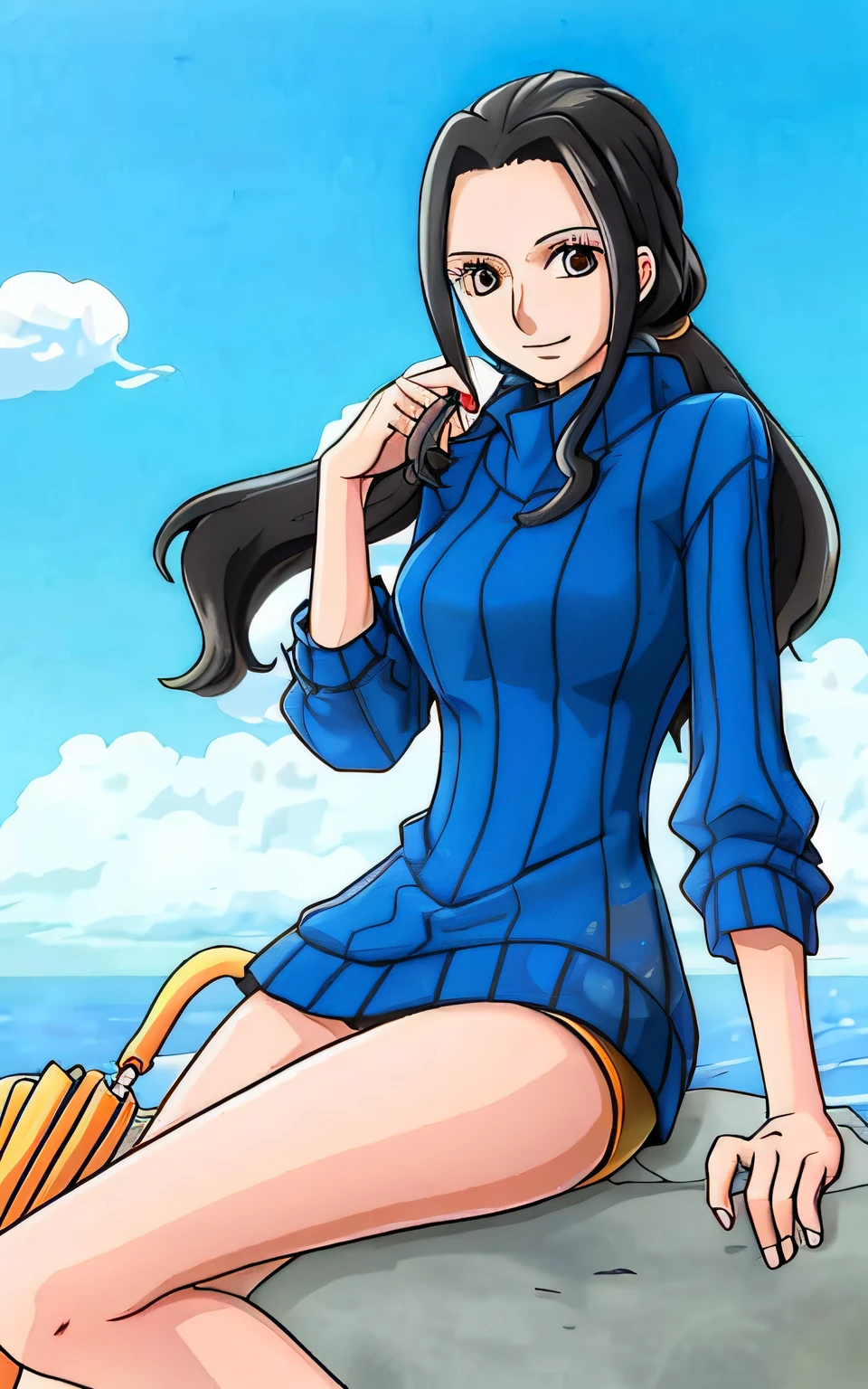 Best Picture Quality,tmasterpiece,Perfect face,Beautiful and aesthetic:1.2,plethora of colors,dynamic angle,hight contrast,official illustration,hyper-high detail,Robin, the character in One Piece, sits on a rocky seaside,Wearing a blue dress and yellow super shorts,Comb a double ponytail