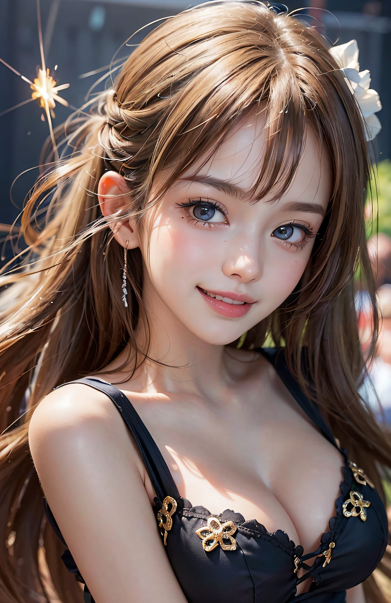 (A hyper-realistic)、(illustratio)、(hight resolution)、(8k picture)、(ighly detailed)、(Best Illustration)、(beautifully detailed eyes)、(top-quality)、(ultra-detailliert)、(masterpiece)、(wall-paper)、(A detailed face)、独奏、1 girl in、fullllbody、(Burst breasts:1.5)、Complex summer clothes、cleavage of the breast、Stage costumes、a miniskirt、frilld、female idol、Eyes on the viewer、Detailed eyes and mouth、A detailed face、Singing on stage、lowkey、pureerosfaceace_v1、Happy smiling face、a blond、Clean bangs、Beautiful teeth alignment、Blushing cheeks、Watching from above、backshots、
