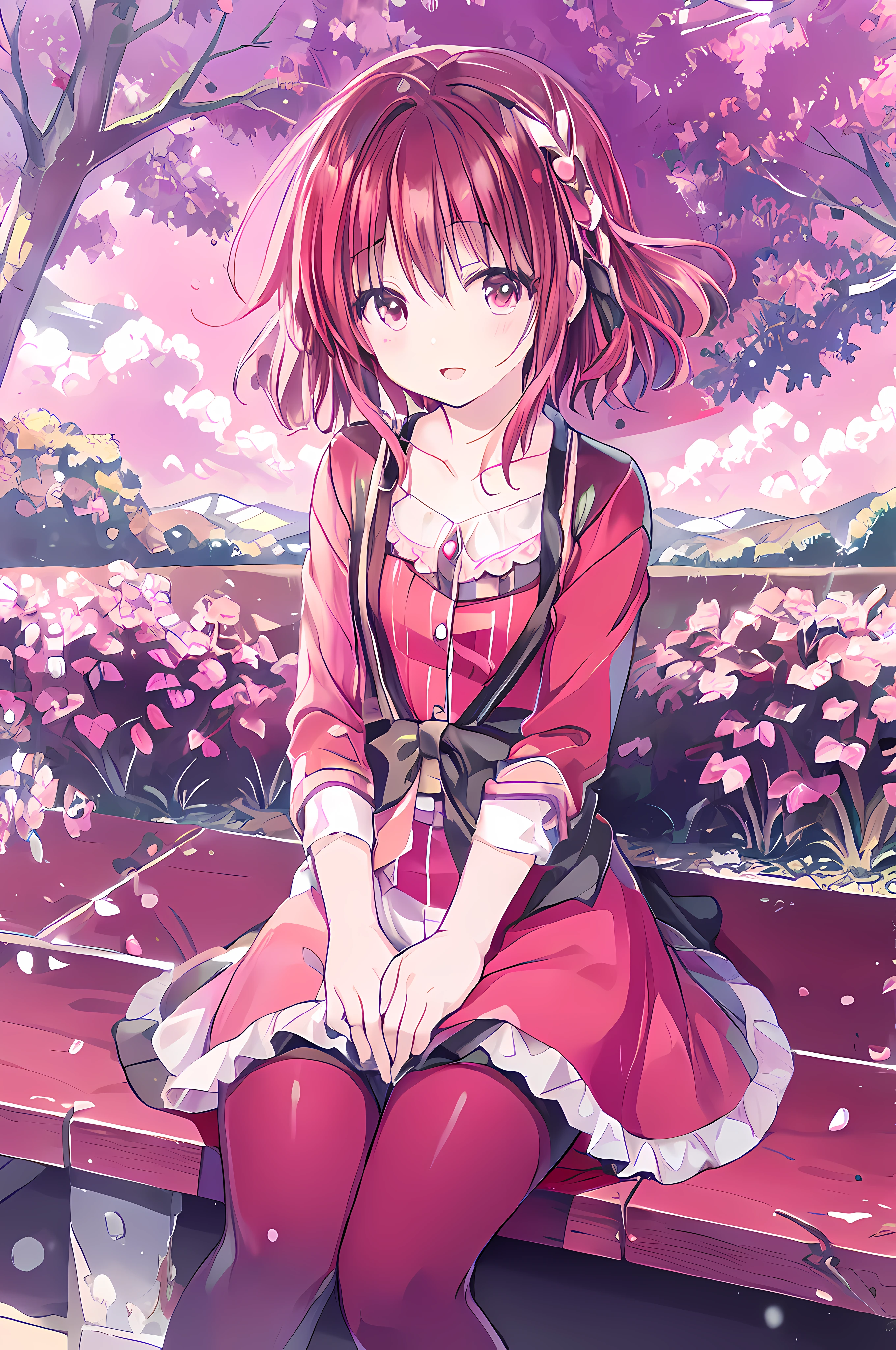 Anime girl sitting on a bench in a park with cherry blossoms - SeaArt AI