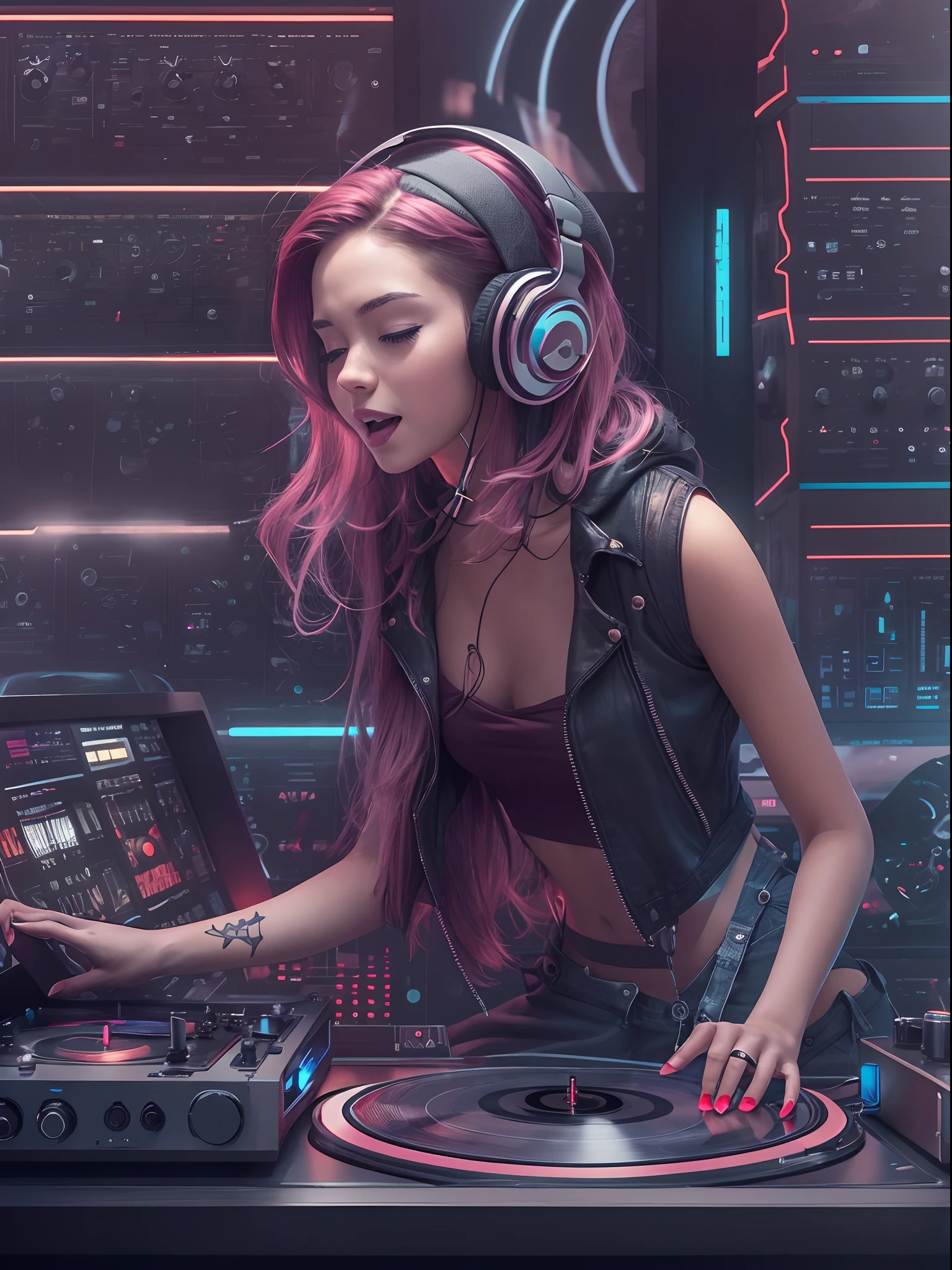 A young female DJ wears a vinyl record player on a sci-fi DJ table，（The upper part of the body）, Look at the crowd，Cybernetics enhances the highly detailed futurists on the stage table，She wears futuristic clothing and double-sided hearing headphones，She wears a Rosotto hat on her head，Laughing excitedly，The body sways to the music，dynamic viewing angle，